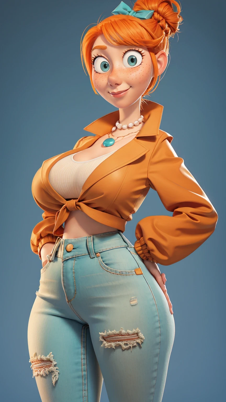 1 girl, Orange hair in a bun, green eyes, slight smile, freckles on the cheeks, thin eyebrows, white necklace with a bow, Teal Jacket, pale skin, standing, Cartoon, (pixar:1.2), Lucy Wilde, long nose, hits, tight short jeans,Full body view, wide hips, huge breasts, fitted top, camel toe, big breasts, huge breasts, camel toe, wide hips