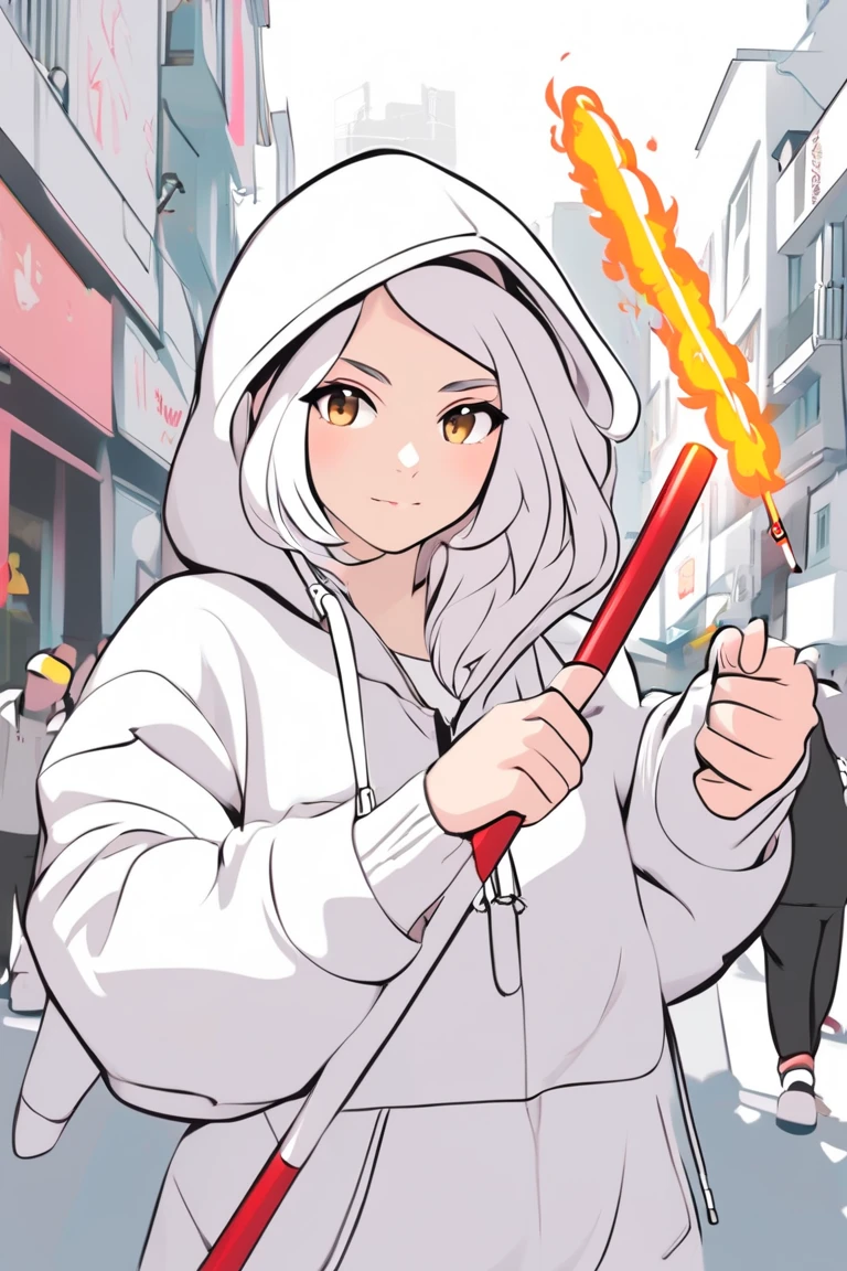 woman with a white hoodie , Showing strength, can, Feminine Charm, Delicacy,  in her hands a signal stick,  hand drawing style , Street style hooligan woman