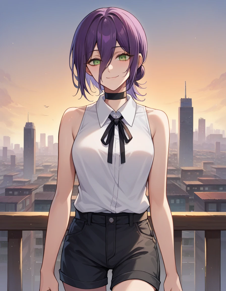 score_9, score_8_up, score_7_up, source_anime,
chainsawreze, reze, black choker, purple hair, choker, eyebrows hidden by hair, green eyes, hair between eyes, long bangs, medium hair, smile,
bare shoulders, black ribbon, black shorts, collar, collared shirt, neck ribbon, ribbon, shirt, shorts, sleeveless, sleeveless shirt, white shirt,
outdoors, cityscape,
looking at viewer, dutch angle, cowboy shot,