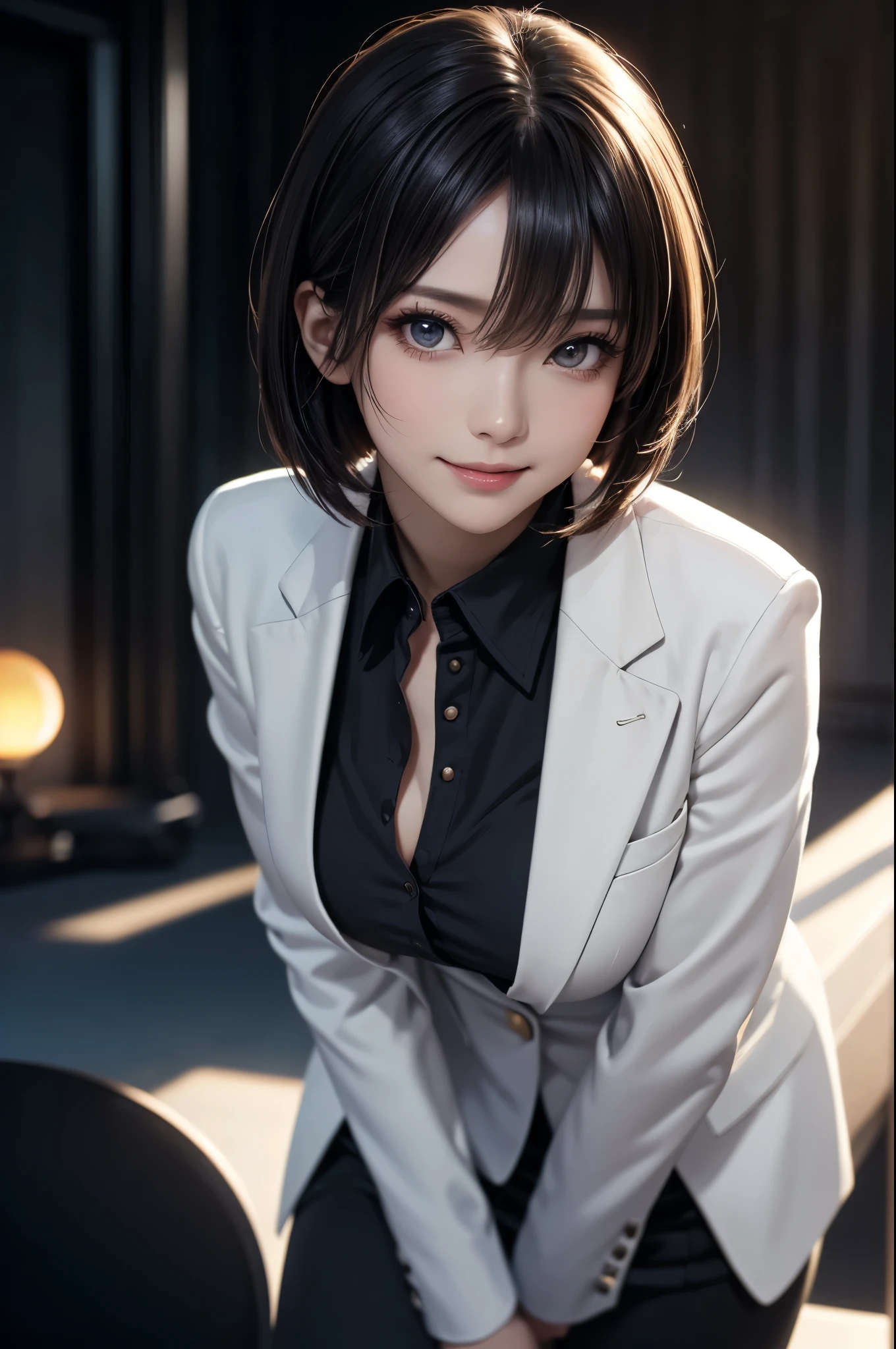 (masterpiece:1.2), high quality, high resolution, ultra detailed, 4K, 8K, realistic, cinematic lighting, A woman standing in a fashion model stance, angle from a diagonal, cowboy shot, looking at viewer, (detailed beautiful face), (detailed beautiful eyes:1.2), black eyes, narrow eyes, straight bob hair, black hair, detailed hair, asymmetrical bangs, smile, blush, medium breasts, shiny skin, white suit jacket, shirt, black medium skirt, high heels, Dramatic lighting from distant stars and planets illuminates the scene, 