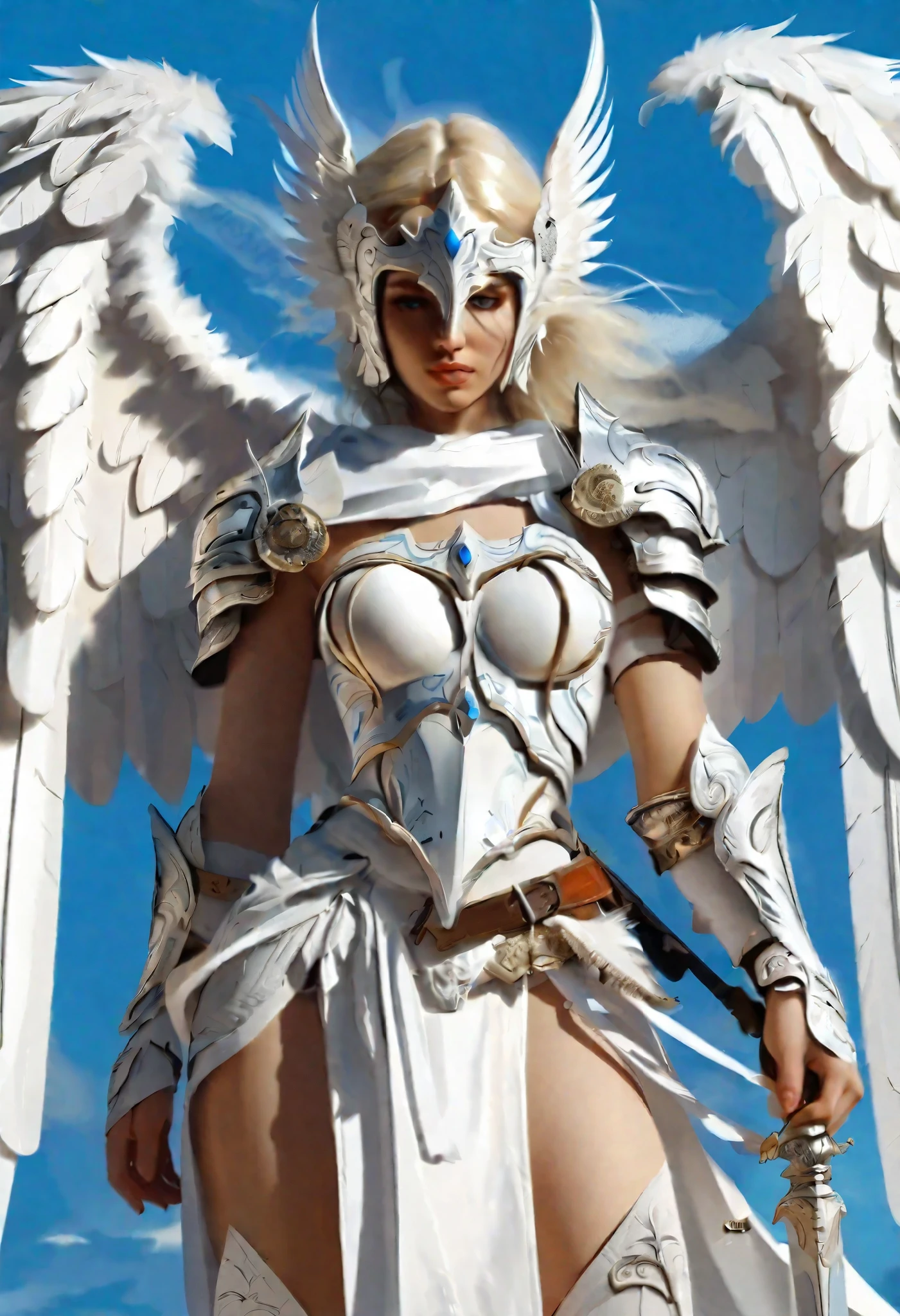 1 female angel，White cape showing at waist_wings armor feathers_Long wing feathers_Hair Shoulders Armor Shoulders_Single piece of armor_Upper wing separation_The body is white_Theme blue_wings wings leg armor