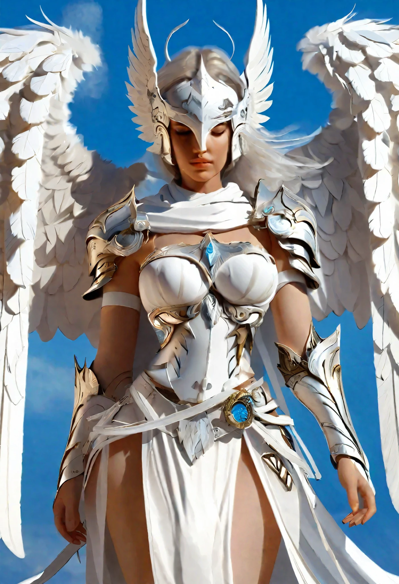 1 female angel，White cape showing at waist_wings armor feathers_Long wing feathers_Hair Shoulders Armor Shoulders_Single piece of armor_Upper wing separation_The body is white_Theme blue_wings wings leg armor