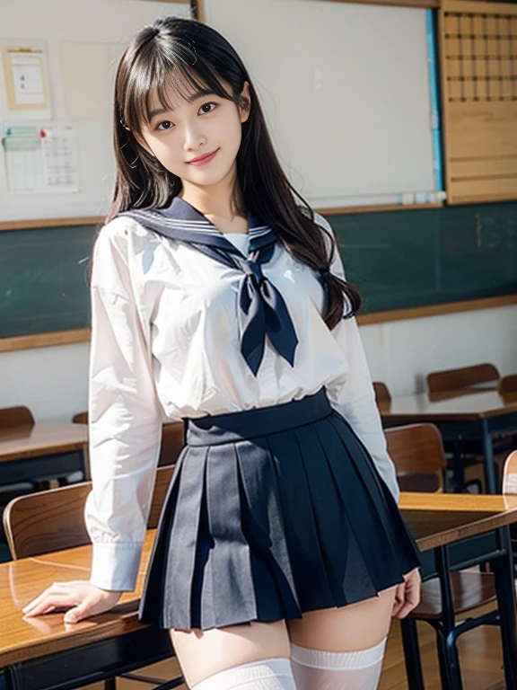 Japanese 18 year old high school girl、Black sailor suit itting on a chair in the classroom