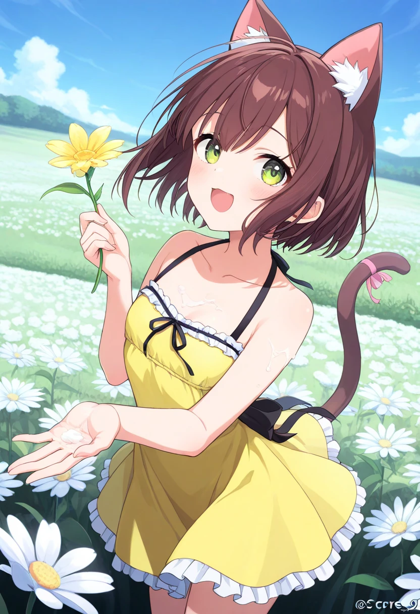  top quality、 on the body Be careful、 anime painting、One girl、 very small breasts、Slim body、 Brown Cat Ears and Tail、Big round eyes、 brown hair 、 short bob、brown skin、Cute single tusk、Yellow-green dress、Flower Field、 the wind is blowing、 fun atmosphere、smile、 spread their hands、 Looking up at the sky