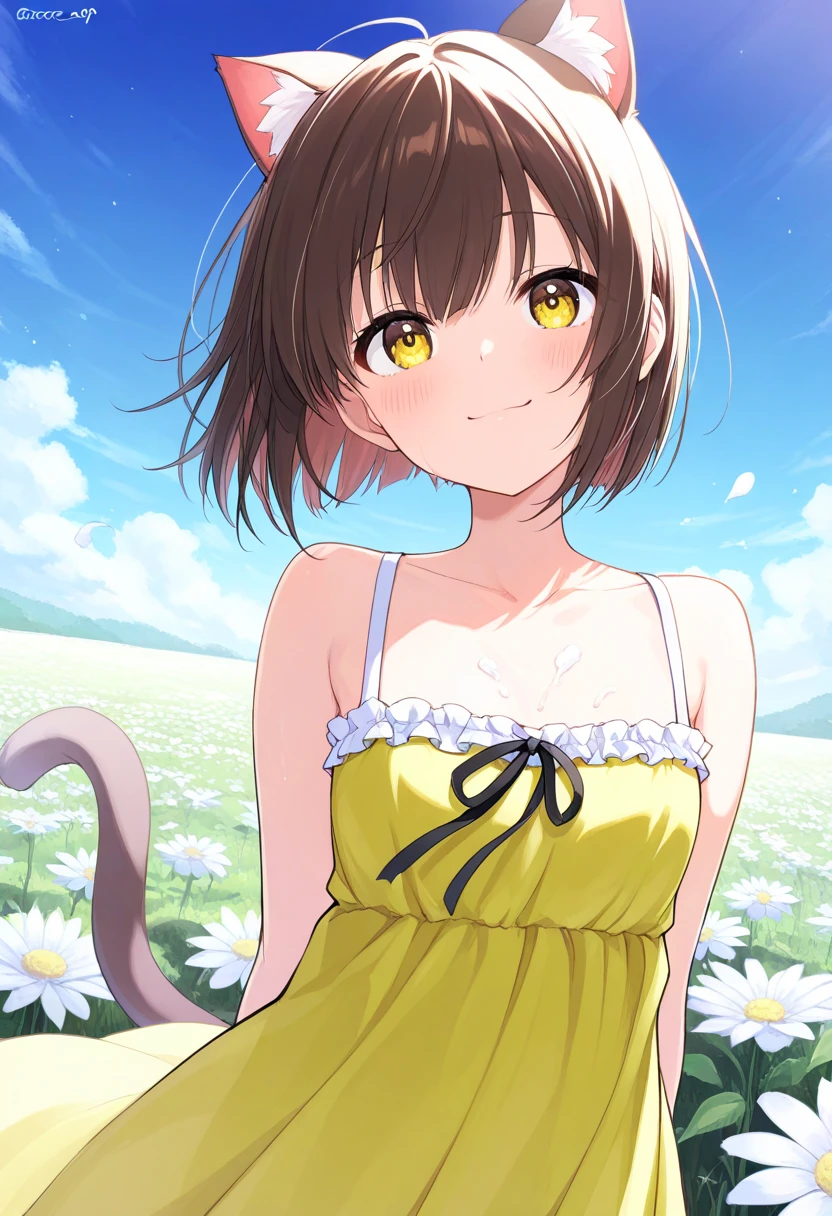  top quality、 on the body Be careful、 anime painting、One girl、 very small breasts、Slim body、 Brown Cat Ears and Tail、Big round eyes、 brown hair 、 short bob、brown skin、Cute single tusk、Yellow-green dress、Flower Field、 the wind is blowing、 fun atmosphere、smile、 spread their hands、 Looking up at the sky