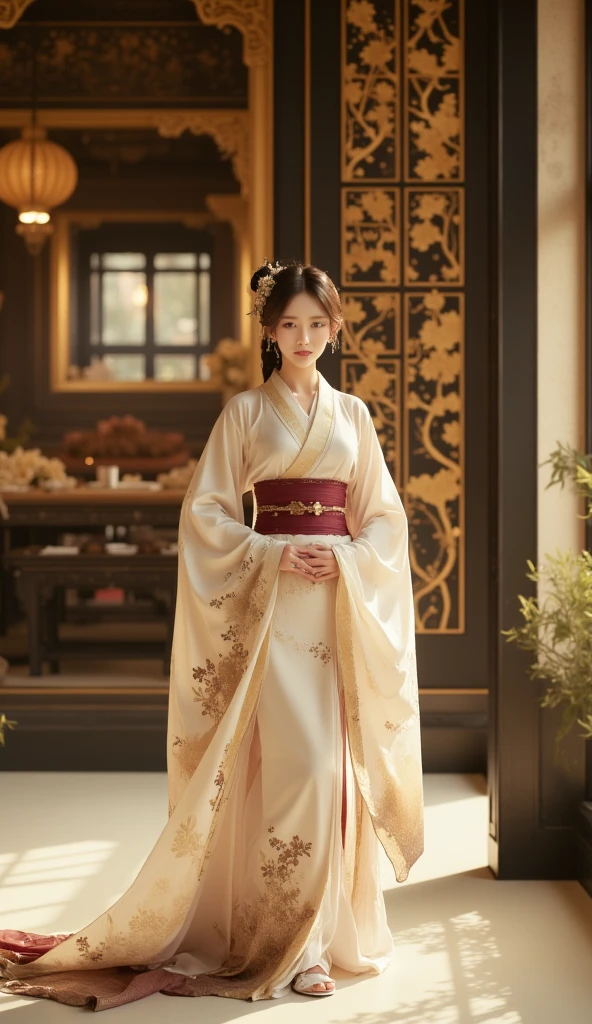 A graceful East-Asian woman wearing a luxurious white and gold kimono like dress with long sleeves with gothic twist, adorned with intricate botanical patterns, and tied with a vibrant wine red obi. She stands in a poised, serene manner, her dark hair styled elegantly with traditional hair ornaments. The background features a grand, majestic palace with intricate architectural details, its walls adorned with golden, tree-branch-like patterns. The atmosphere is regal and tranquil, with a soft glow highlighting both the woman and the magnificent setting.