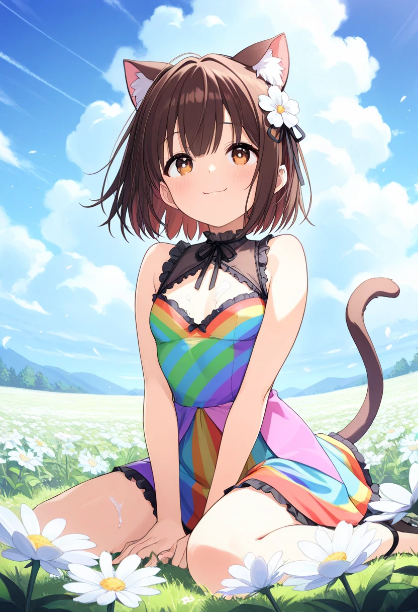  top quality、 on the body Be careful、 anime painting、One girl、 very small breasts、Slim body、Brown cat ears and tail、Big round eyes、 brown hair 、 short bob、brown skin、Cute single tusk、 rainbow dress 、Flower Field、 the wind is blowing、 fun atmosphere、smile、 spread their hands、 Looking up at the sky