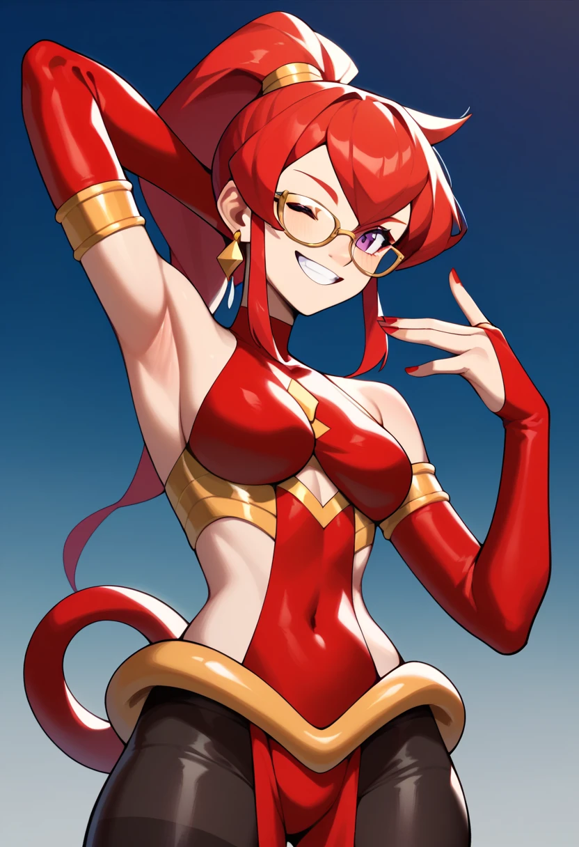 Mars, red nails, smiling, red hair, ponytail hairstyle, purple eyes, gold earings, red genie outfit, gold brasalet,winking one eye, glasses, black tights, transparent red veil over mouth, showing armpit