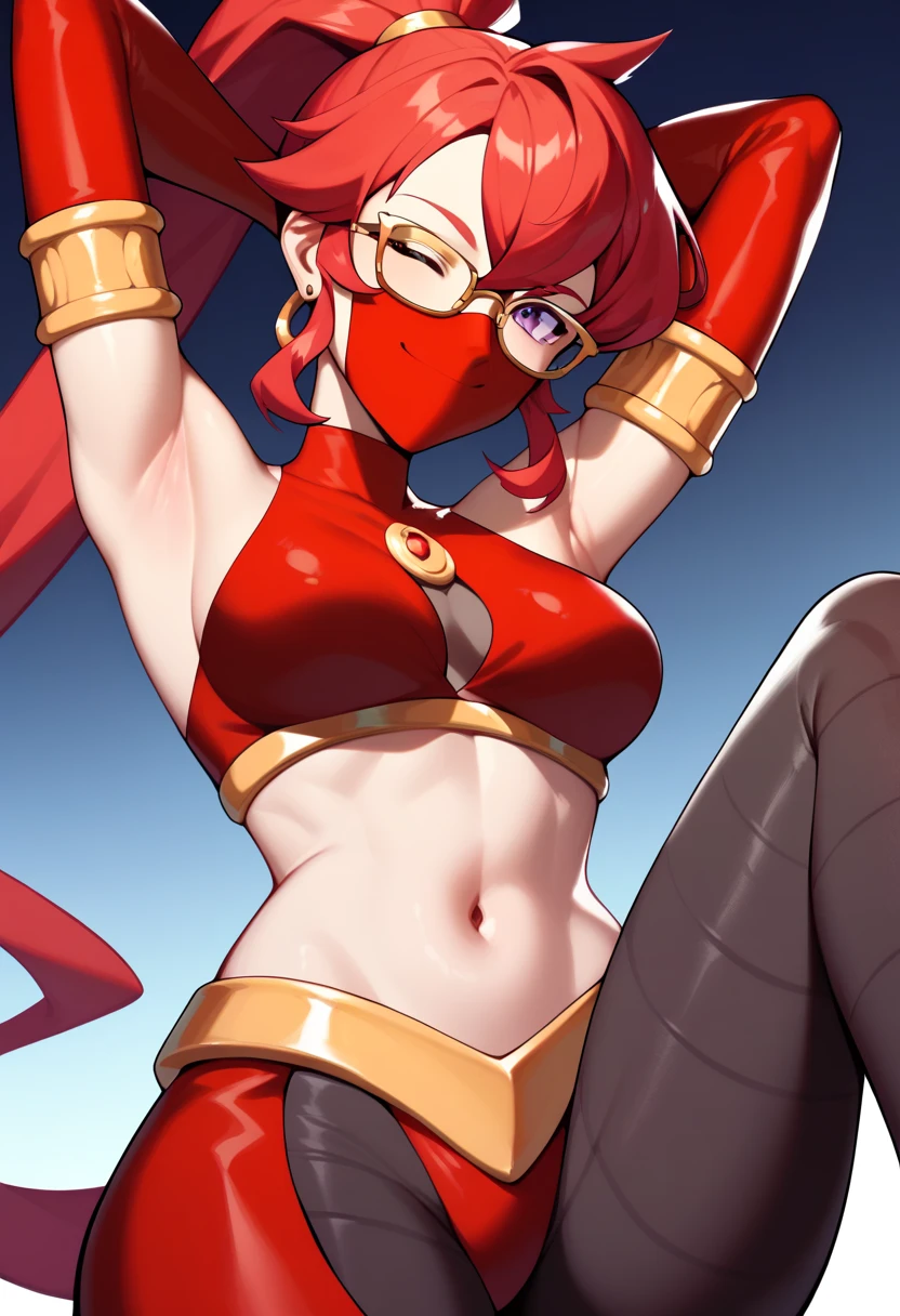 Mars, red nails, smiling, red hair, ponytail hairstyle, purple eyes, gold earings, red genie outfit, gold brasalet,winking one eye, glasses, black tights, transparent red veil over mouth, showing armpit