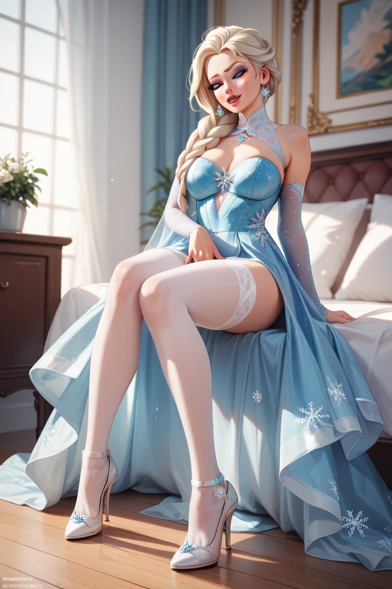 (masterpiece:1.4), (best qualit:1.4), (high resolution:1.4), elsa of arendelle, smile, single braid, bedroom, ice blue bikini, looking at viewer, stiletto high heels,