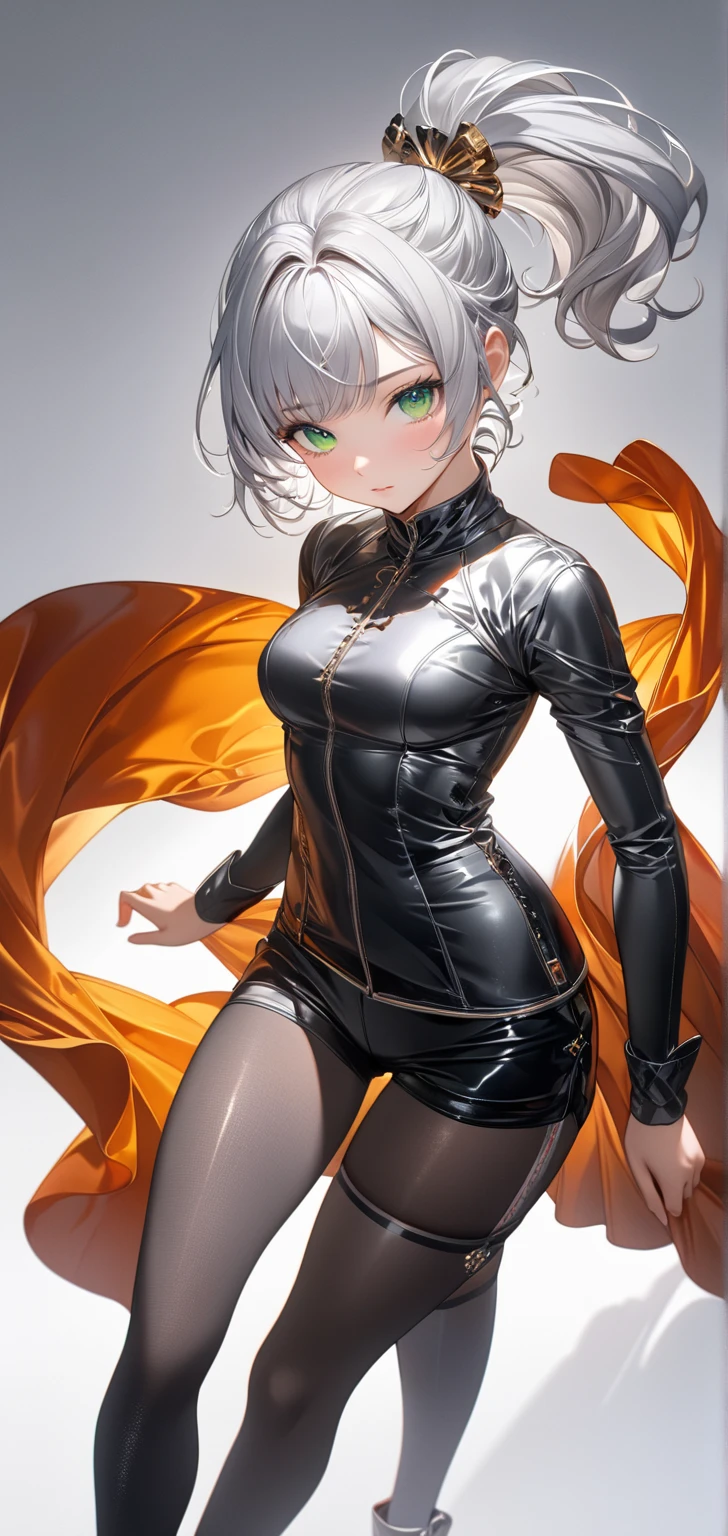 young girl, short gray hair, cat ears, high ponytail, violet eyes, Black leather tight top, white puffy sleeves, black skirt, pantyhouse, turquoise cloak, open breasts, Masterpiece, hiquality