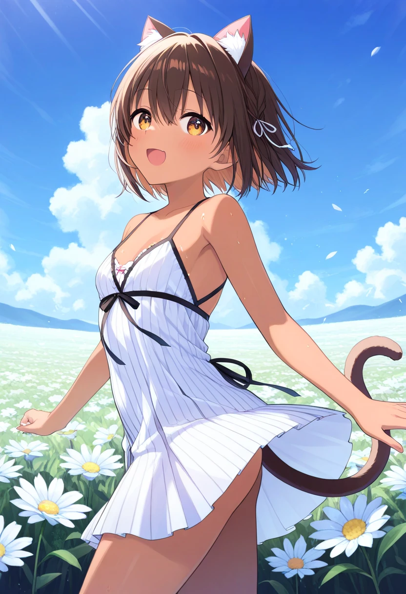  top quality、 on the body Be careful、 anime painting、One girl、 very small breasts、Slim body、Brown cat ears and tail、Big round eyes、 brown hair 、 short bob、 glossy brown skin 、Cute single tusk、gradation dress、Flower Field、 the wind is blowing、 fun atmosphere、smile、 spread their hands、 Looking up at the sky