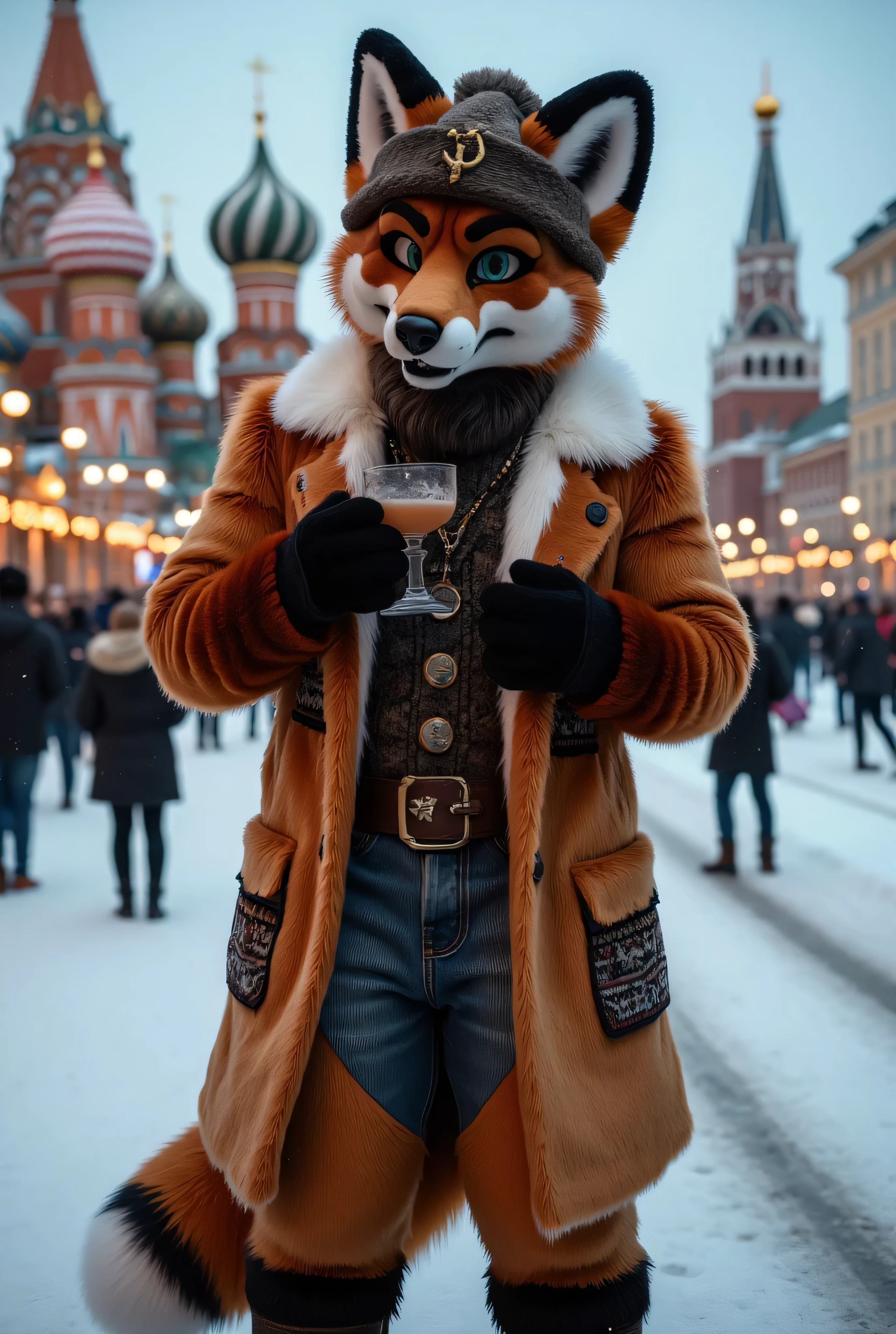 "Anthropomorphic fox male, muscular and adult, designed to appear as realistic as a human in both proportions and details. His fur has lifelike textures, with a reddish-orange tone and subtle variations of white and black. He is dressed in authentic Russian winter clothing: a thick fur-lined coat with intricate patterns inspired by Russian folklore, an ushanka hat with a Soviet-style star emblem, and sturdy leather winter boots. His physique is well-defined, showcasing muscular arms and a broad chest, partially visible beneath the open coat. He has piercing, expressive eyes (icy blue or emerald green) that convey intelligence and confidence, and his facial features are detailed with human-like expressions, including a warm yet sly smirk.

Background: a snowy Russian cityscape, featuring iconic landmarks such as Saint Basil's Cathedral and Red Square, illuminated by soft winter lighting. Snowflakes gently fall, and his breath is visible in the cold air. The environment includes realistic textures of snow-covered streets, distant silhouettes of people, and the warm glow of streetlights reflecting off the ice. The fox holds a traditional Russian beverage, such as a glass of vodka or tea in a samovar cup, emphasizing his connection to Russian culture. 

Style: hyperrealistic 3D, cinematic realism, rendered in Ultra HD 8K. The scene is ultra-detailed, capturing every nuance of the character and setting, with photorealistic lighting, lifelike fur, and intricate clothing textures. Overall, the composition immerses the viewer in a cold yet vibrant Russian winter."