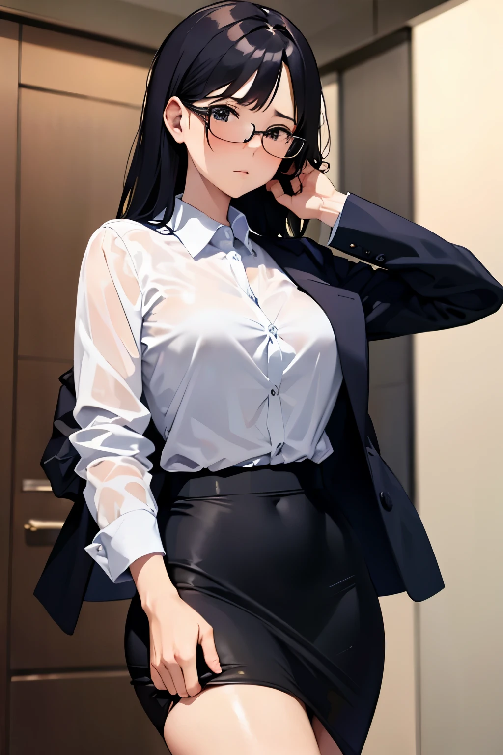 una mujer hermosa, oficinista, en la entrada de un edificio de oficinas, bajo un aguacero torrencial, sexy, pelo negro corto recogido en una cola de caballo, gafas, ojos verdes, blusa blanca ajustada con escote, falda corta ajustada color beige, Hourglass Athletic Body, pecho grande, small waist, cadera media, piernas bien formadas, Enrojecida, sudor y ropa y cuerpo mojados, coqueta y lujuriosa, Translucent house with water.