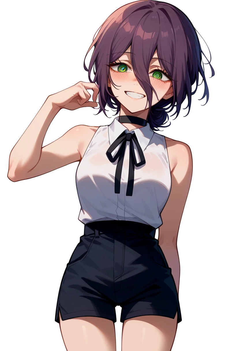 score_9,score_8_up,core_7_up,reze \(chainsaw man\),    1girl, bare shoulders, black choker,purple hair, black ribbon, black shorts, blush, choker, green eyes, grin, hair between eyes, hair bun, neck ribbon, ribbon, shirt, short hair, shorts, simple background, single hair bun, sleeveless, sleeveless shirt, smile, solo, white background, white shirt