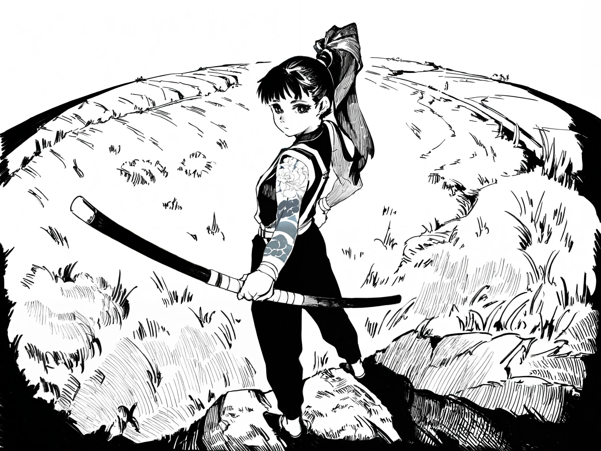 1girl, wearing a chinese , holding bo staff, looking back, martial artist, black hair tied in a high ponytail, black eyes, asian ethnicity, slender body. standing in a rice field, tattoos, fisheye perspective, cinematic manga hatching, ultra detailed hatching

An illustration the overall style of the illustration is inspired by the art of gustave Dore. 

Black and white, extremely detailed hatching, contour lines, 
