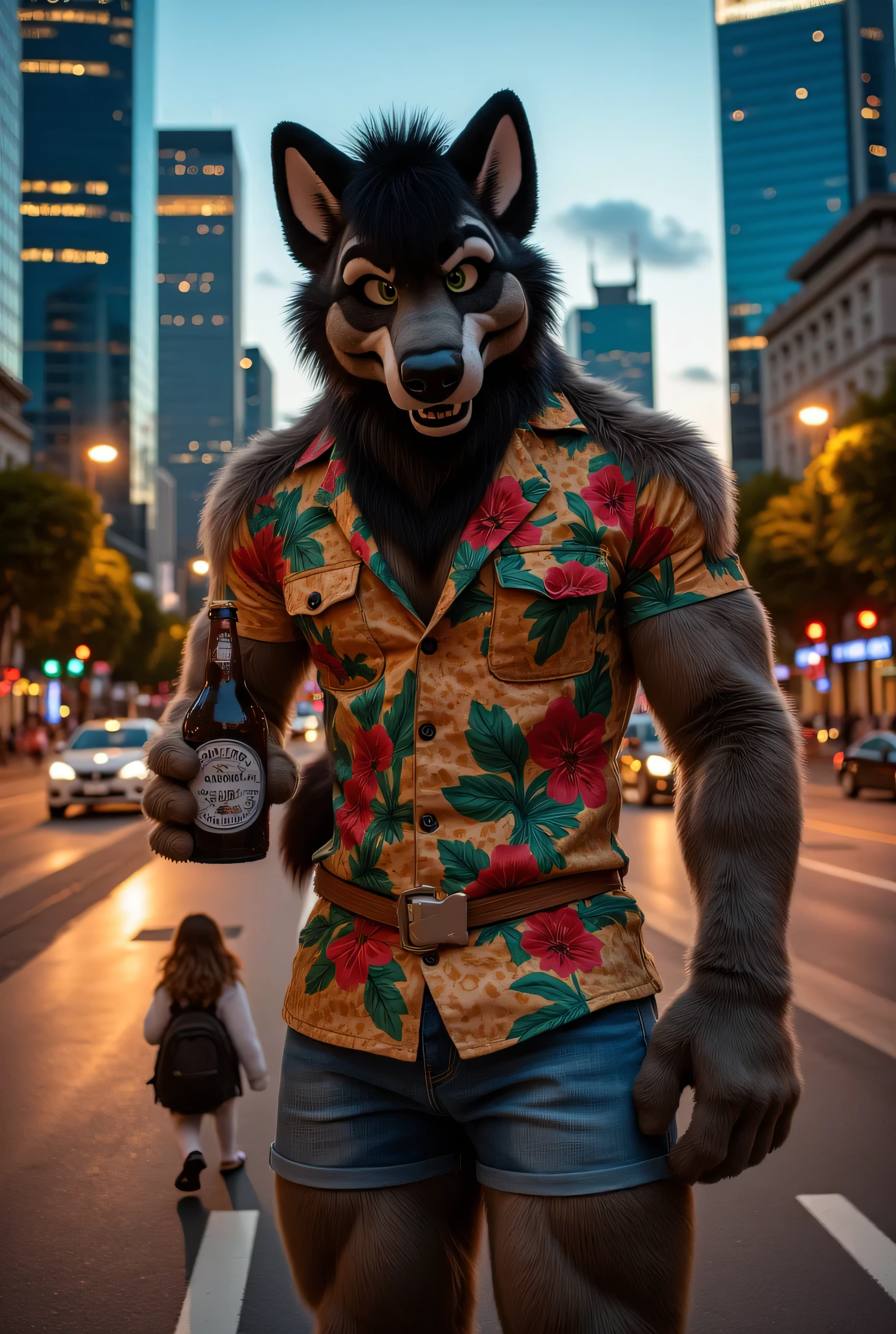 "Anthropomorphic werewolf male, muscular and adult, wearing casual Brazilian-style clothing: tropical print shirt, shorts, and sandals. Holding a beer bottle in one hand. Background: São Paulo cityscape with iconic urban landmarks such as Paulista Avenue. Cinematic atmosphere: sunset or nighttime, vibrant city lights, realistic reflections on glass buildings, bustling streets, and subtle details like passing cars and distant silhouettes of people. Style: ultra-detailed 3D, cinematic realism, hyperrealistic rendering in Ultra HD 8K. Focus on realistic fur textures, muscular anatomy, warm lighting, and expressive eyes. Overall scene: vibrant, photorealistic, and dynamic."