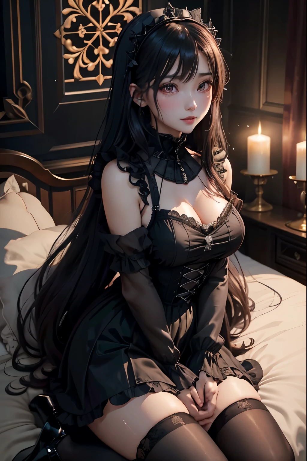 There is one with long hair,Black hair,on top of the bed,Ponytail action,Black dress