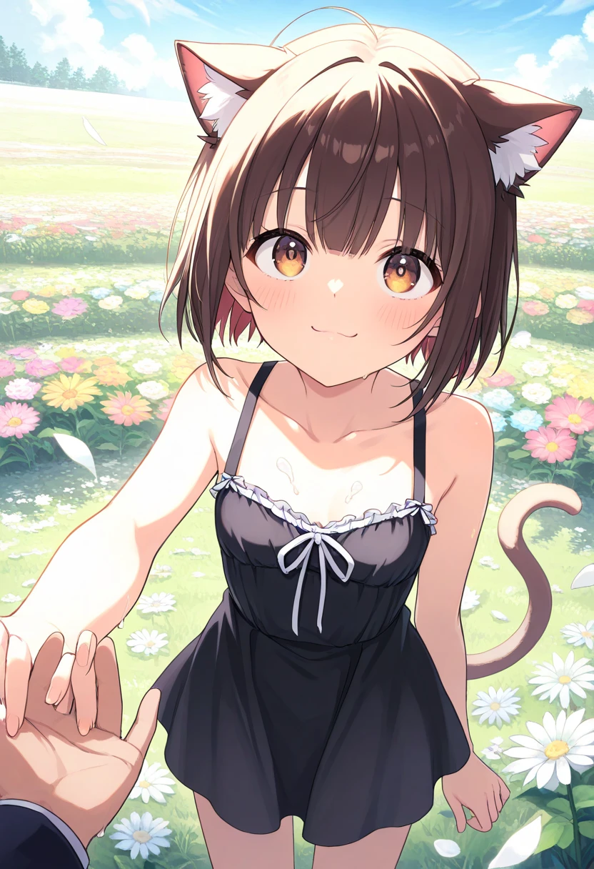  top quality、 on the body Be careful、 anime painting、One girl、 very small breasts、Slim body、Brown cat ears and tail、Big round eyes、 brown hair 、 short bob、brown skin、Cute single tusk、 black dress、Flower Field、 the wind is blowing、 fun atmosphere、smile、 spread their hands、 Looking up at the sky