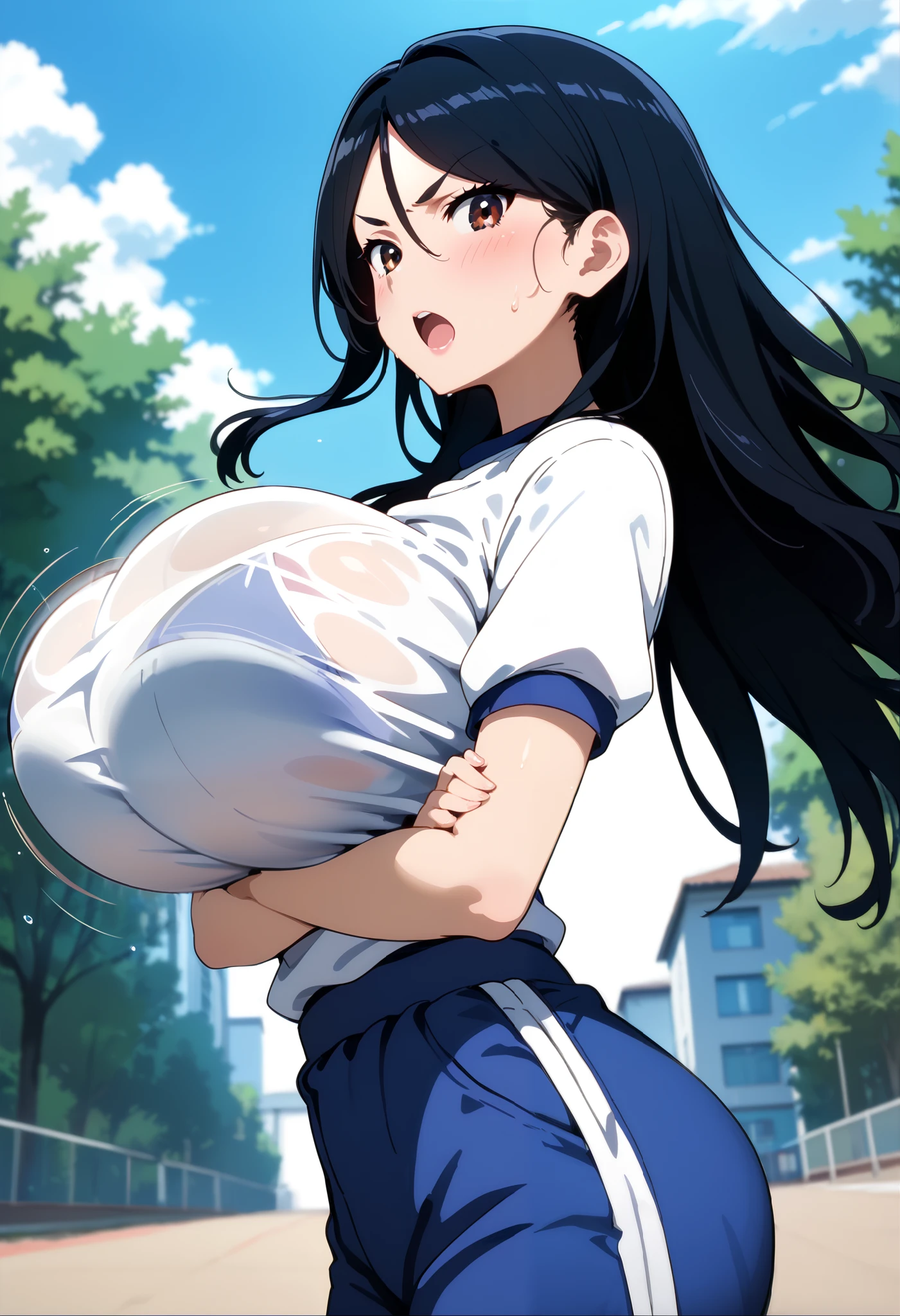 score_9, score_8_up, score_7_up, source_anime, ( anime screencap:0.5), 1girl, Alone, outdoors, school,fukiyosepony, long hair, black hair, brown eyes, hair between eyes, parted bangs, large breasts,(huge breasts),(round breasts),nalow waist,slender,curvin,sexy, glamor, gym uniform, blue gym shorts, looking at viewer,frustrated,sweat,blush, feel horny ,Estrus season,open mouth, dynamic angle,crossed arms,  bare arms,v-shaped eyebrows, color bra visible through clothes,taut clothes,(side view),(bouncing boobs:1.4)
