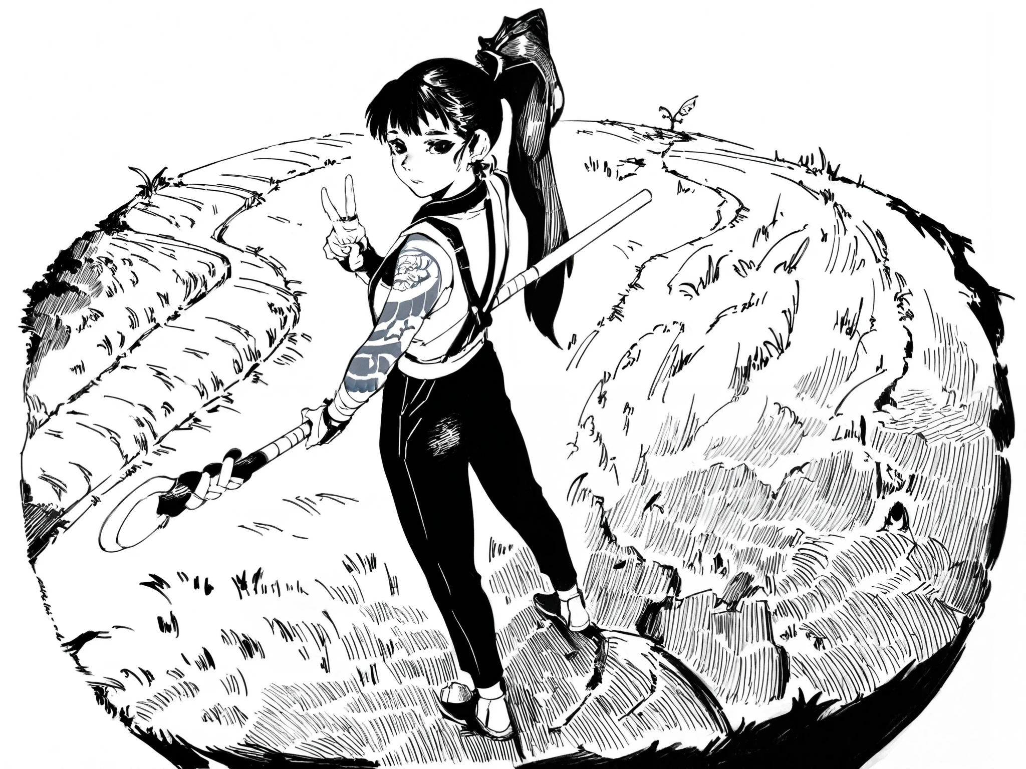 1girl, wearing a chinese , holding bo staff, looking back, martial artist, black hair tied in a high ponytail, black eyes, asian ethnicity, slender body. standing in a rice field, tattoos, fisheye perspective, cinematic manga hatching, ultra detailed hatching

An illustration the overall style of the illustration is inspired by the art of gustave Dore. 

Black and white, extremely detailed hatching, contour lines, 
