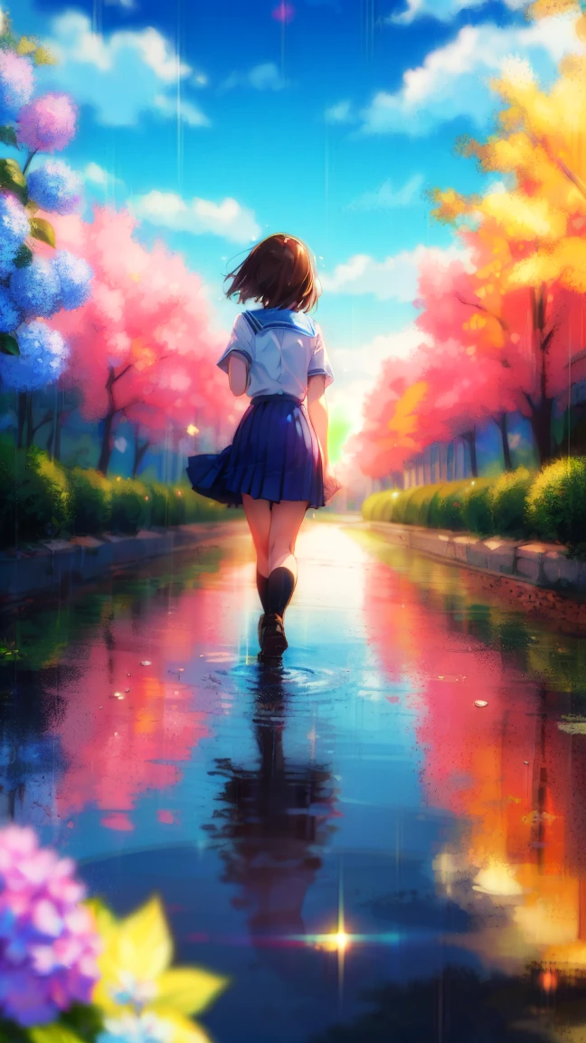 (masterpiece, Highest quality:1.4), 1 girl, solo, Anime Style, Back view, Quick Run, White T-shirt, mini skirt, Hair fluttering, rucksack, Backpack, Blue sky, White cloud, Low - Angle, Shooting from the ground, Cherry tree, Cherry blossom petals, Petals fluttering, Plants, Electric pole, Streetscape, Petals scattered on the road, Red flower, electric wire.