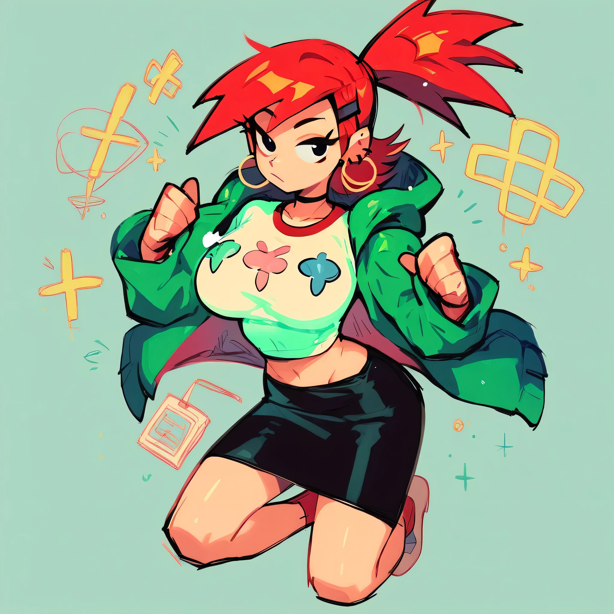 frankie foster, girl, solo, skirt, red hair, midriff, black skirt, green jacket, white shirt, black eyes, full body, big breasts, earrings, clip in hair, sketch