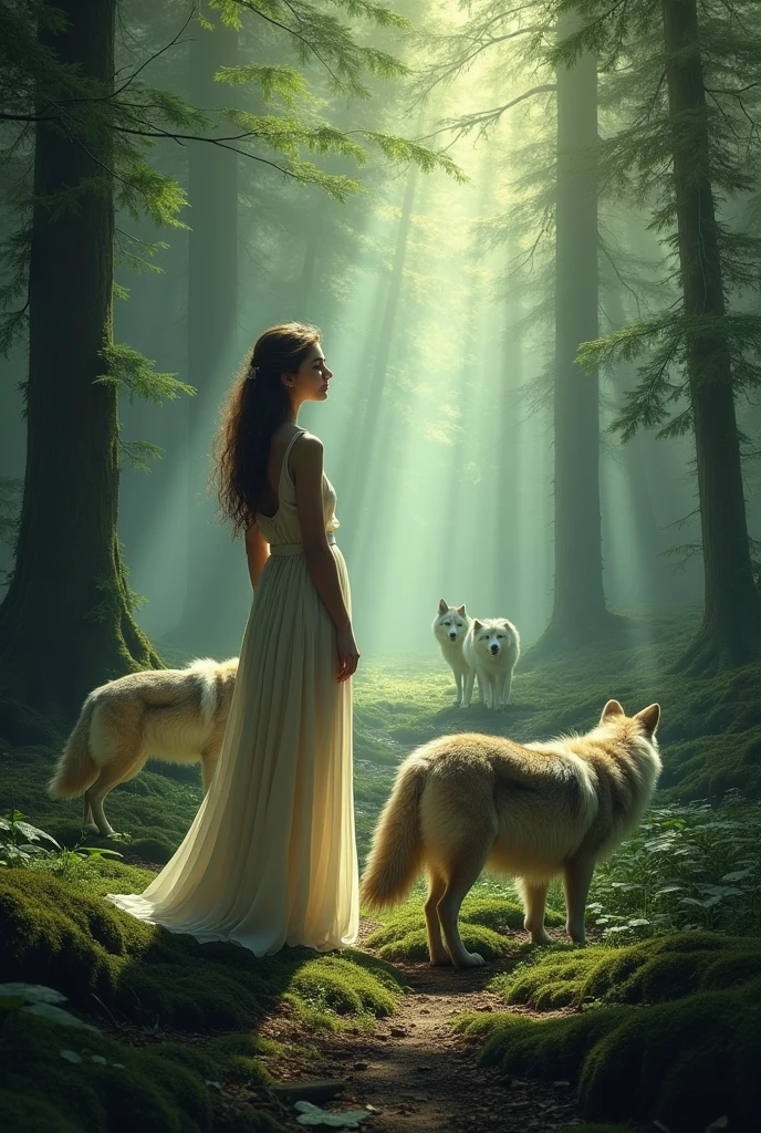 Thin woman in semi naked white dress in a forest with wolves around, lying and leaning against a tree,