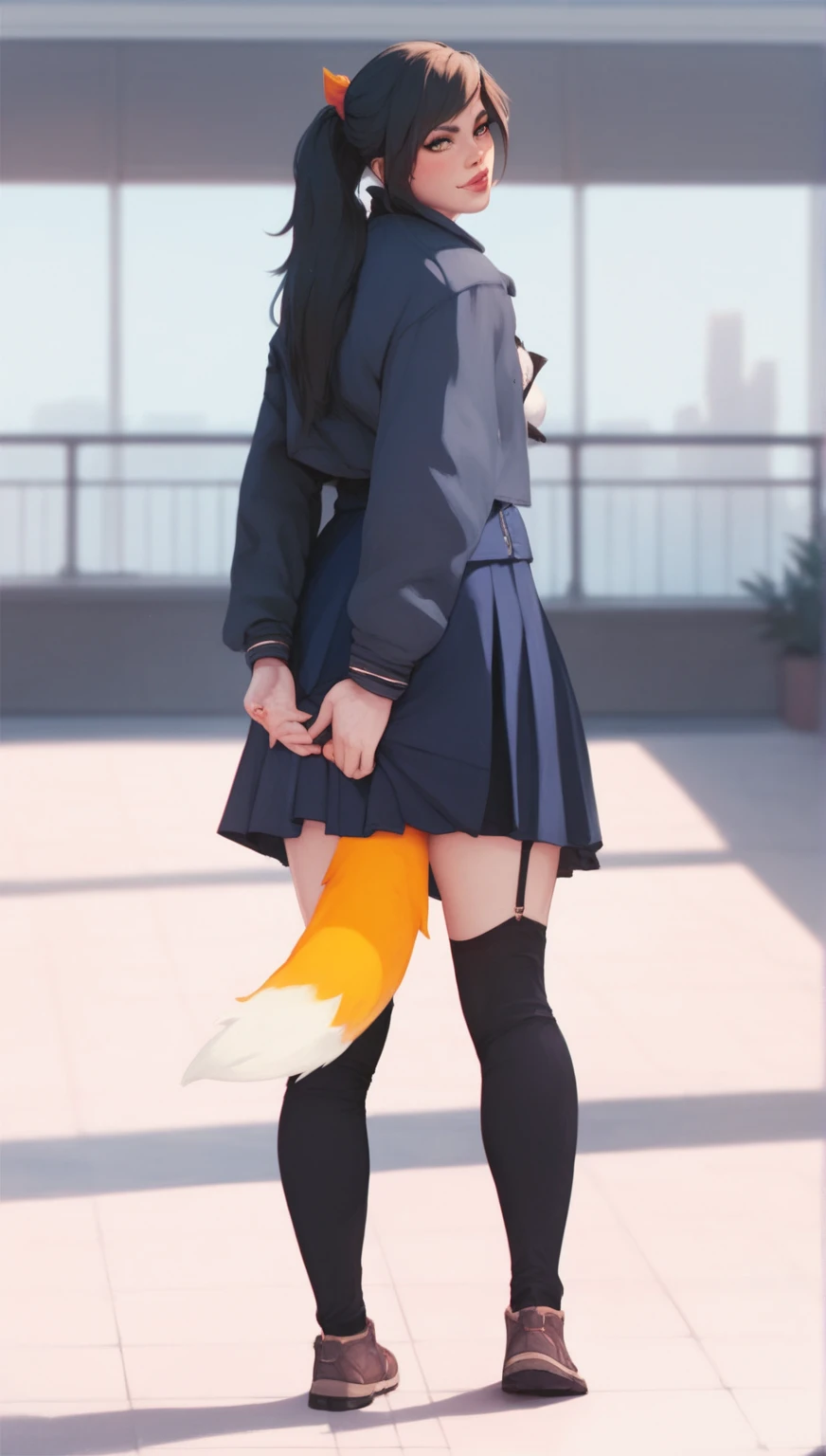 A woman with a tail wearing a skirt, Fox tail, female furry mini cute style, foxgirl, Furry tail, fluffy tail, , furries wearing tails, very very beautiful furry art, white panties, a picture, top-quality
