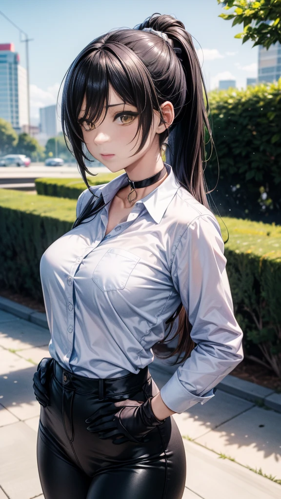 (Yaedef :1.4), 8K, highres,  ultra detailed , (masterpiece:1.4),  Best Quality , Sakuya Shirase, symmetrical body, beautiful, Alone, standing,  looking at the spectator, long ponytail black hair,  detailed face ,  looking at the spectator,,  beautiful eyes, amber yellow eyes,  choker :1.6, ( white collar shirt :1.4),  long black gloves , ( shiny black leggings),  Park, angled view,  perfect breasts ,  badass anime girl , bright clothes