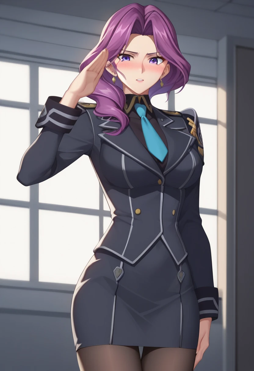 (UN Uniform :1.4), black military uniform、 blue tie、 black tight skirt 、 pantyhose、 perfect quality ,  top quality, ,  ray tracing,  1 girl, Alone, Cornelia Li Britannia, purple eyes, purple hair,, ununiform , Control Room, SF, Point out, Red lighting , screen,、  Standing 、blush、 Embarrassing 、salute