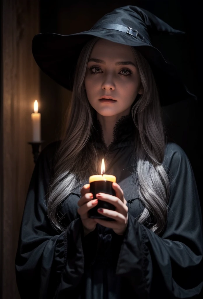 Horror movies, Lifeless face, witch, Beautiful, spotless skin on her face, dark kitchen background , Eyes are pitch black, Black clothes, Torn, Candle in hand,  facing forward , detailed face , realistic image ,Grey Hair,Crow