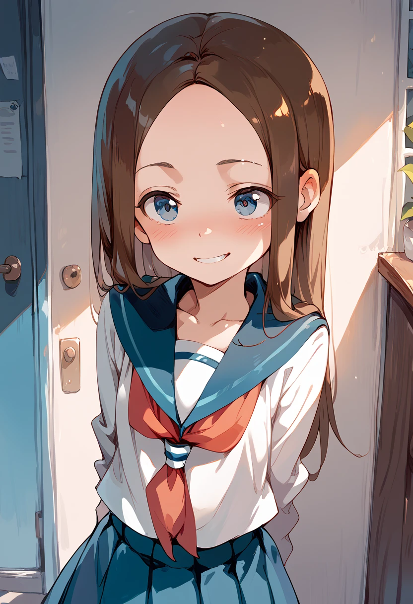 masterpiece, high definition , top quality,8k
( Teasing Master Takagi ,young) Embarrassing ,smile( school sailor uniform)