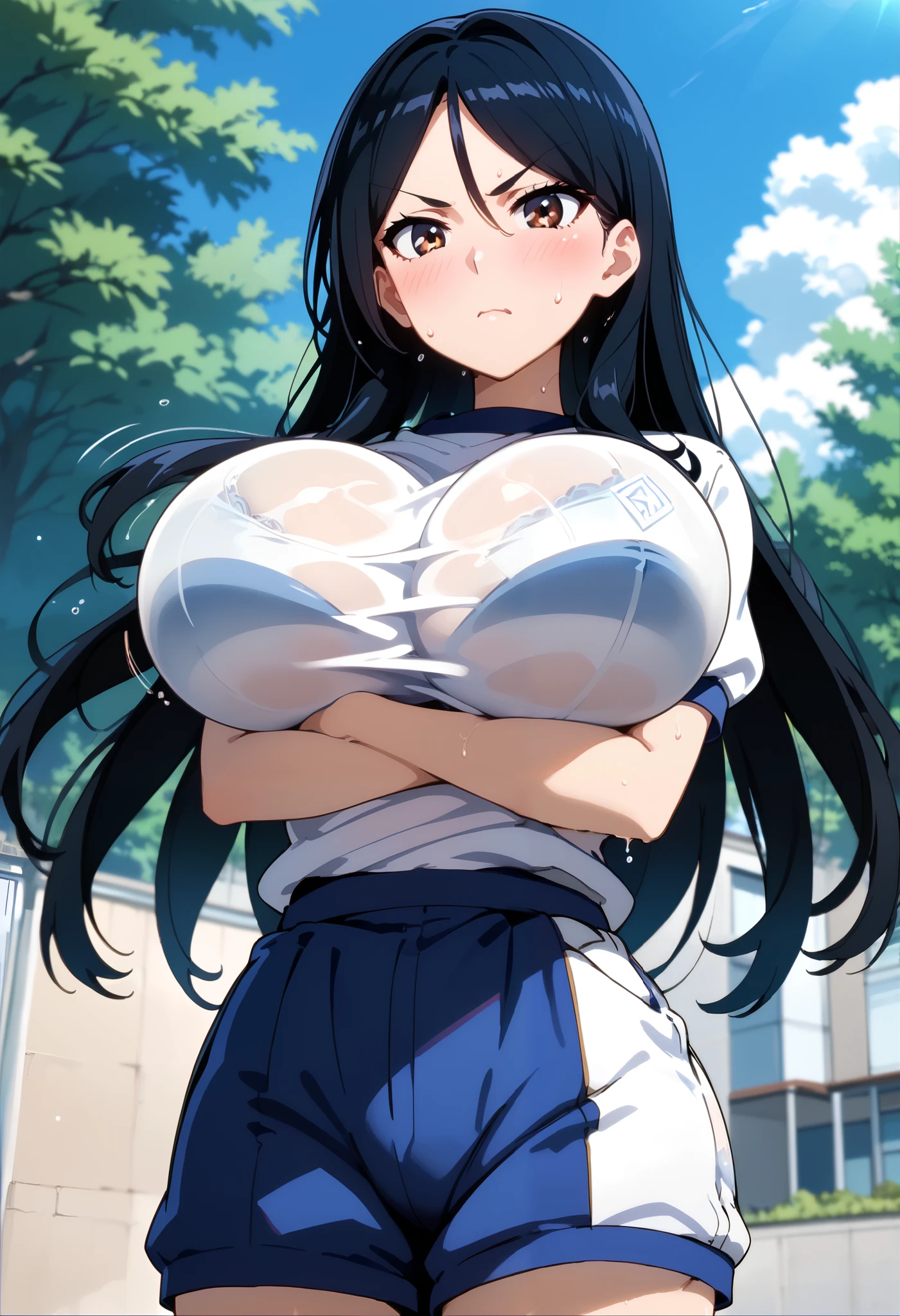 score_9, score_8_up, score_7_up, source_anime, ( anime screencap:0.5), 1girl, Alone, outdoors, school,fukiyosepony, long hair, black hair, brown eyes, hair between eyes, parted bangs, large breasts,(huge breasts),(round breasts),nalow waist,slender,curvin,sexy, glamor, gym uniform, blue gym shorts, looking at viewer,(frustrated),sweat,blush, feel horny ,Estrus season,dynamic angle,crossed arms,  bare arms,v-shaped eyebrows, random color bra visible through clothes,taut clothes,(bouncing boobs:1.1)
