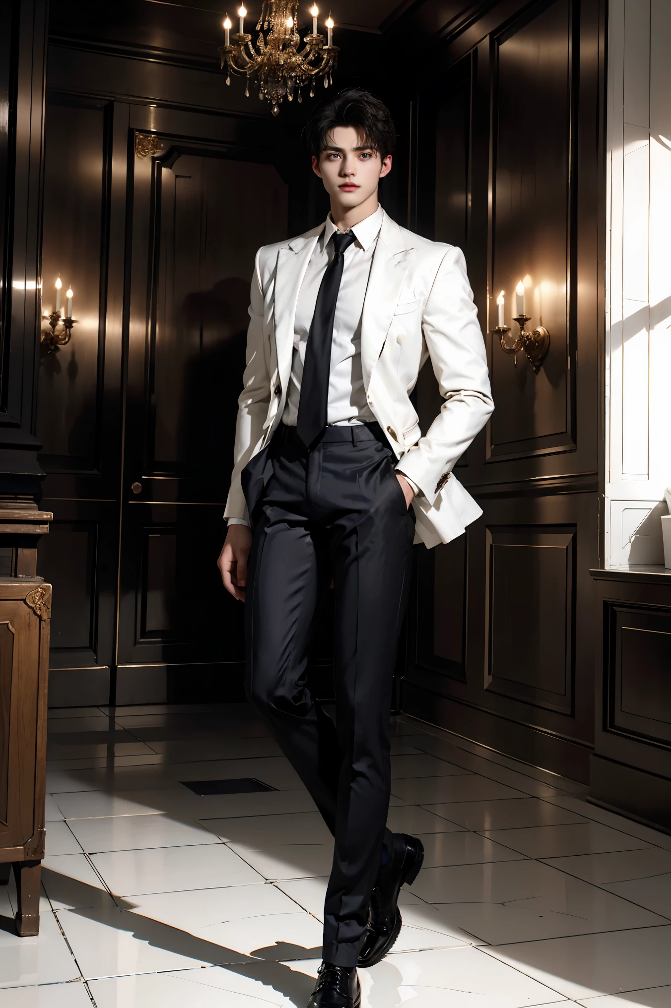 (masterpiece, best quality, detailed), 1boy androgynous and effeminate , solo, looking at viewer, candace, (pale skin, white-skinned boy androgynous 1.3), short hair with long locks, sidelocks, long hair, ((heterochromia)),
pant suit, suit, formal, white short, white Tights , necktie, white crop top, basement, (black:1.5), dimly lit, ojou-sama pose, He has an indifferent expression
