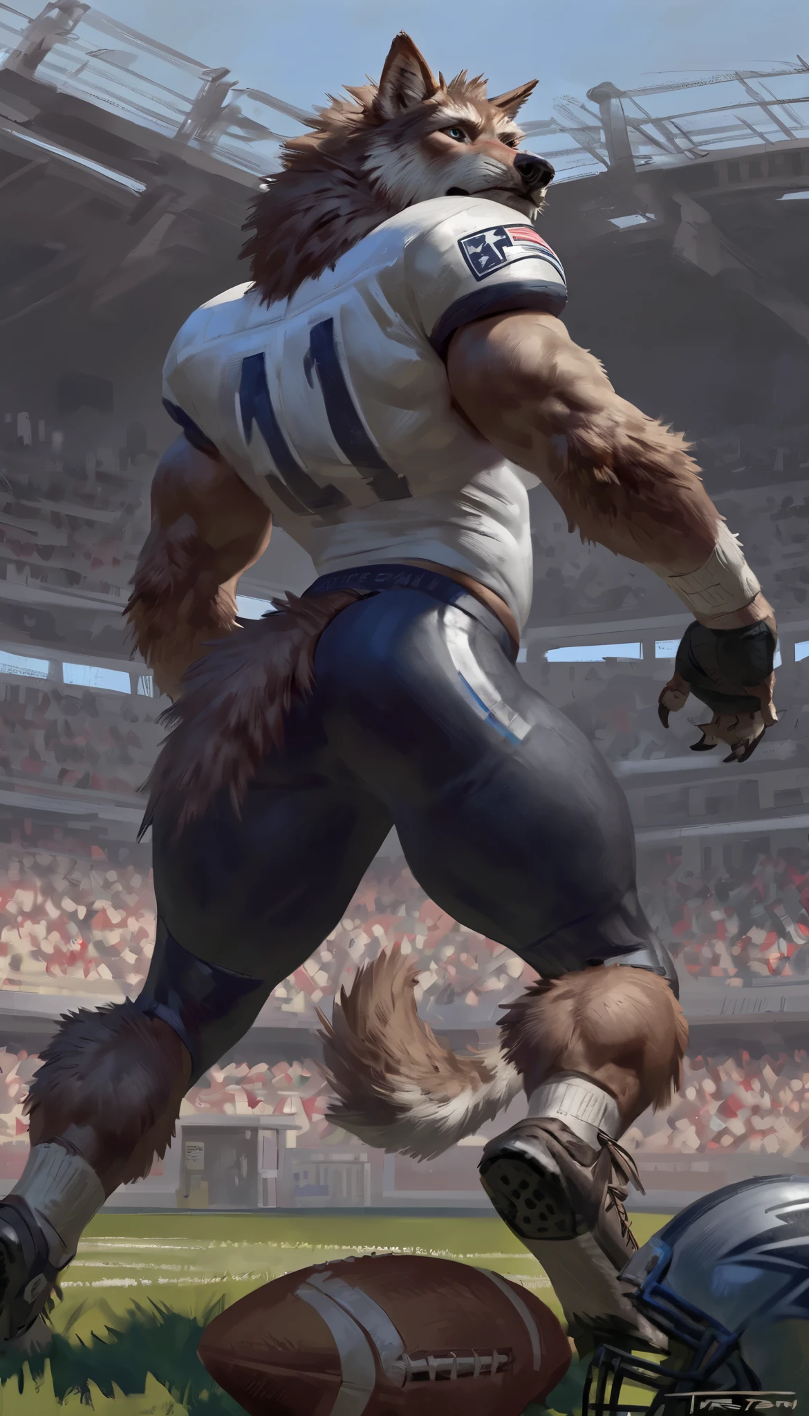 burly virile hairy human, with two wolf ears and a bushy tail, in a suit of armor, middle-aged, hirsute, overmuscular and musclebound, bulging veiny muscles, a warrior's build, a bodybuilder's physique, long bushy and a thick mustache, a square jaw, handsome and dreamy, grey hair, a gladiator in the arena