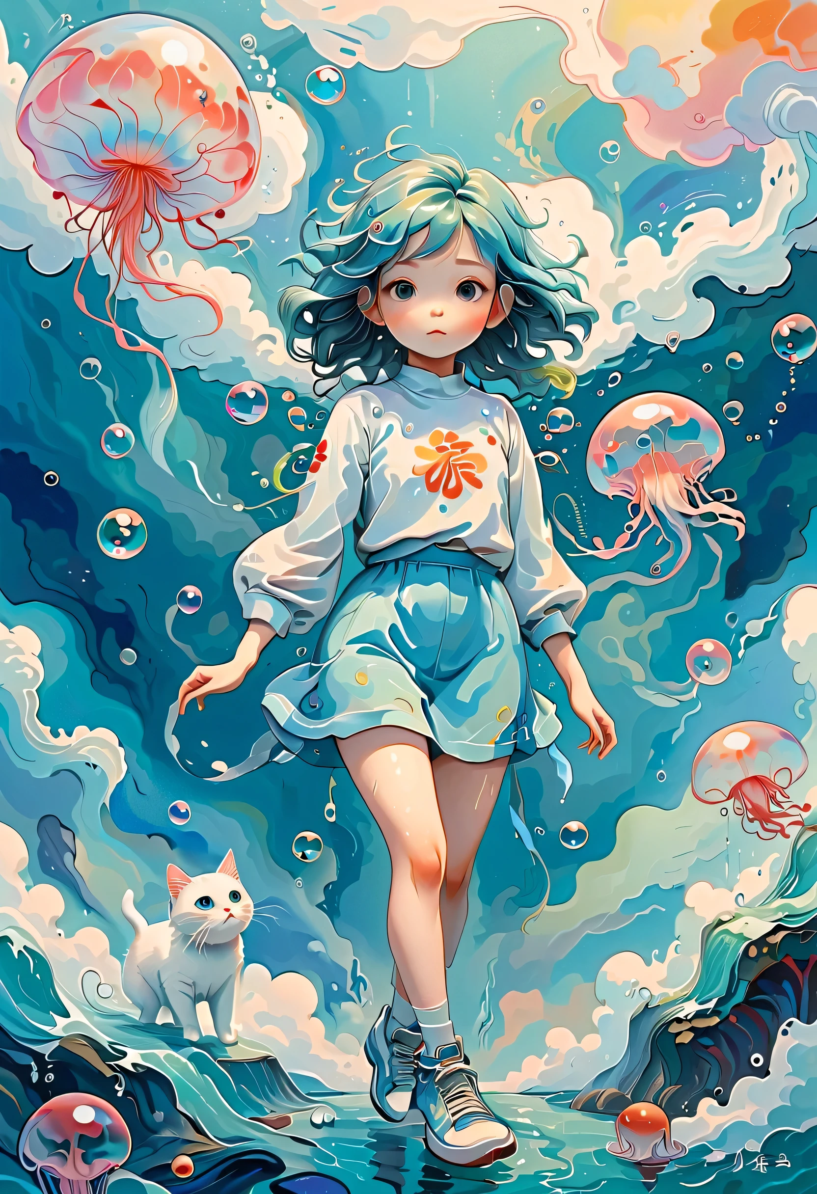 ((( James Jean Style :1.5))), A girl and cat who jumped out of the picture book world、sea、Jellyfish、cloud、 soap bubbles、 the mental world of a mentally ill person 、 abstract painting、Depict the inner world ,Spatial Sense,blank、Innocence, psychedelic art 、 Masterpiece