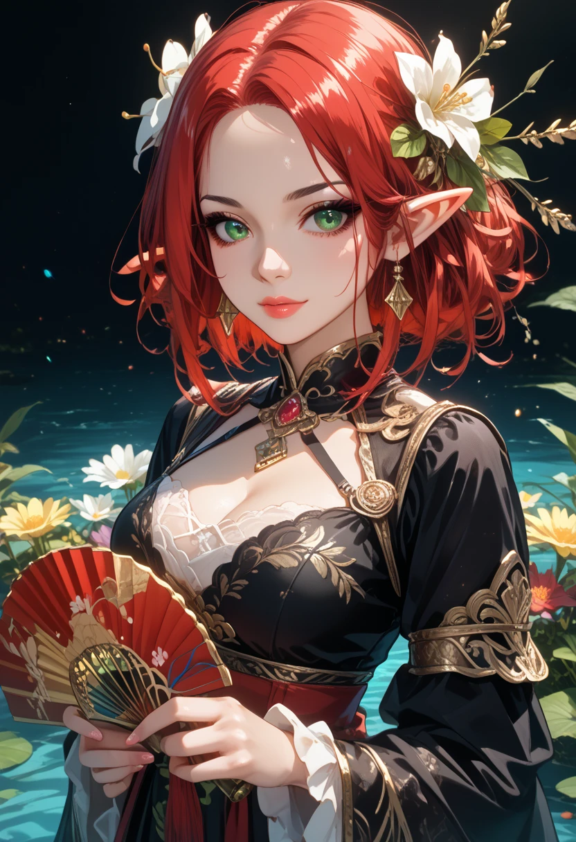 Elf princess, sexy, beautiful, fair skin, black eyeliner, green eyes, holds a fan in her hand,hkwarrior, bright colors,Shine,long red hair,Clear drawing of details,masterpiece,maximum ideal traits,Средняя beautiful Грудь,Body parts are visible,cloth,green dress,Black Mystical Background,Detailed drawing of the Whole Picture,maximum details,Flowers in blood,water,EMOTIONS,ultra detail,High Quality Resolution,Maximum Accurate Drawing,8k-4k Wallpaper,score_9,score_8_up,score_7_up