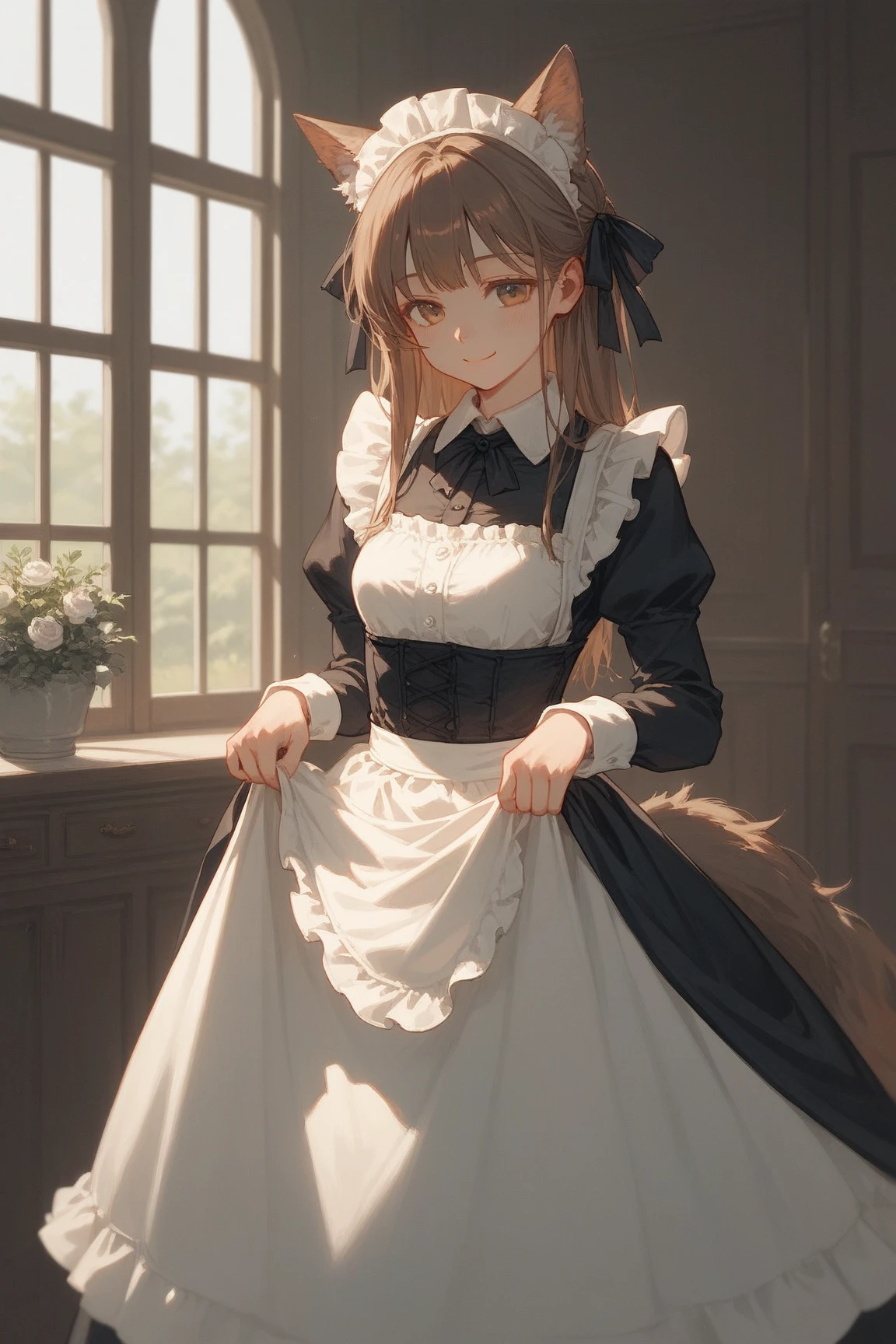 (score_9, score_8_up, score_7), 1girl, solo, beastwoman maind, brown hair, long hair, wolf ears, wolf tail, hair ribbon, maid dress, long apron, Victorian style dress, frills, full sleeves, black thighhighs, maid dress, long apron, Victorian style, frills, full sleeves, lifting skirt, self lift, bowing, skirtlift, courtesy pose, welcoming her master, sweet smile, 