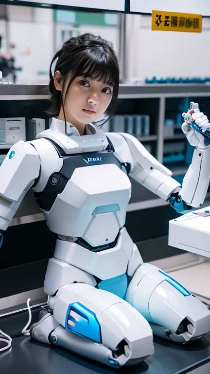 masterpiece, best quality, extremely detailed, Japaese Cyborg Girl,Plump ,control panels,android,Droid,Mechanical Hand, ,clothes with a sense of mechanical technology, Robot arms and legs, Black Robot Parts,Black hair,Mechanical body,dress shirt,long vest,Blunt bangs,White abdomen,White robotics parts,perfect robot woman,future laboratory,cyber pank,charging spot,laboratory,long tube,thick cable connected her neck,kneel on the floor,bowing,ceramic body ,mechanical body,blue eyes,android,robot humanoid