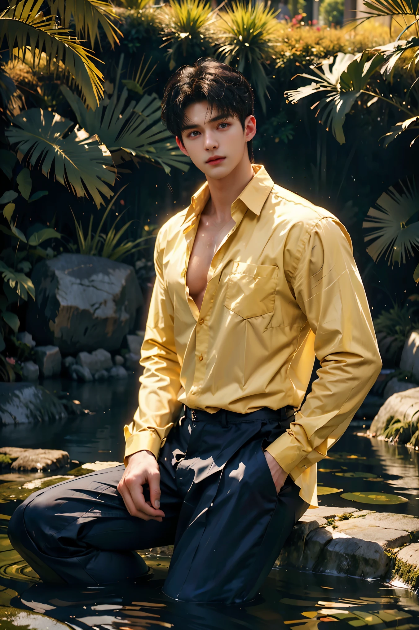A handsome, muscular young Asian man looks at the camera. In a simple t-shirt black and yellow , Fieldside, grass, beach, sunlight,