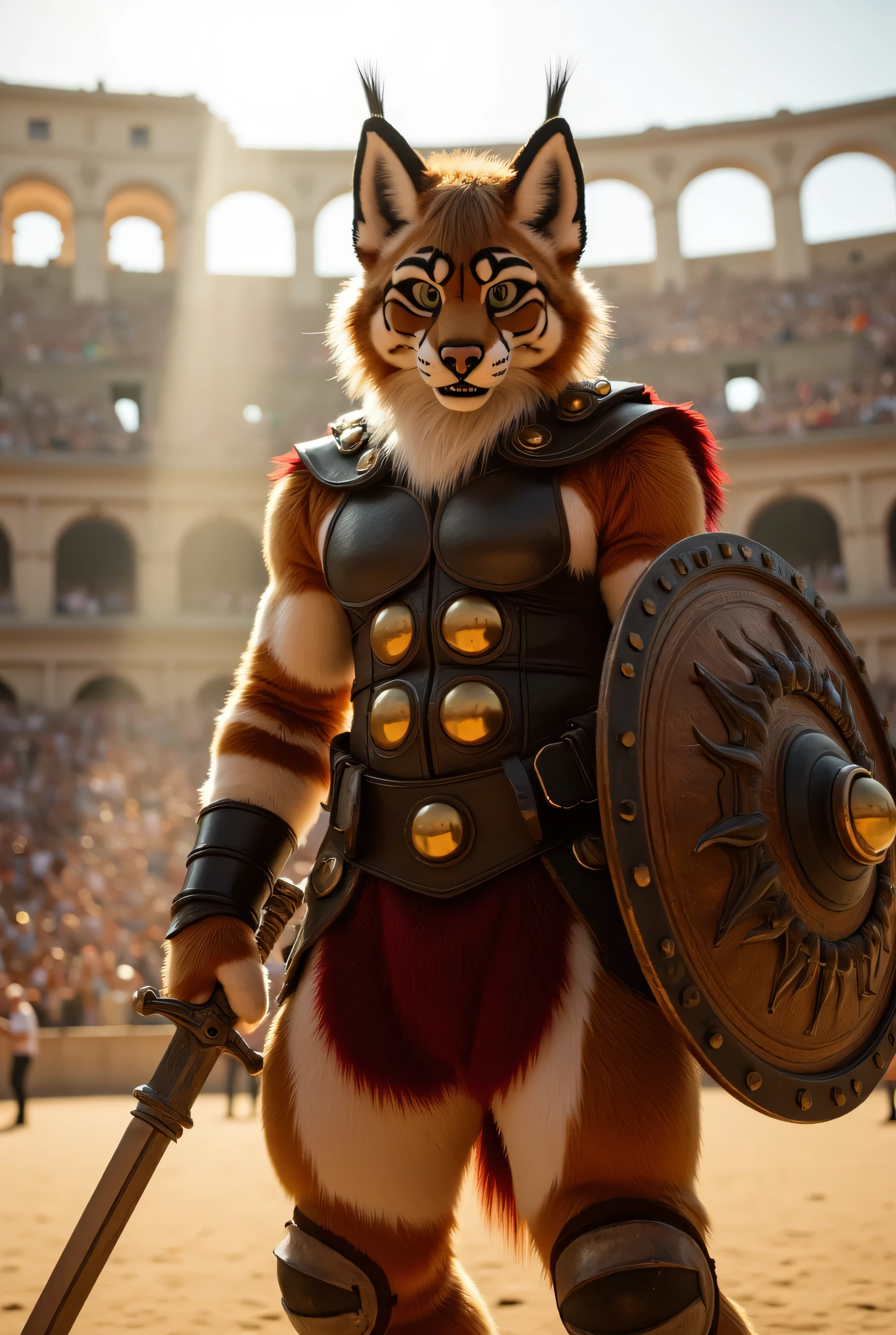 "Anthropomorphic lynx male, muscular and adult, with tawny fur and distinctive tufted ears. He is wearing gladiator-style armor: a leather chest plate with bronze accents, metal greaves, and a short red cape. A short sword is strapped to his side, and he carries a large, spiked shield in the other hand. His body is powerful, showcasing his toned muscles, ready for battle.  

Background: an ancient Roman-style coliseum, with sunlight streaming through the stands, dust rising from the ground, and the roaring crowd echoing in the background. The lynx stands in the center of the arena, preparing for combat, his fierce gaze locked on his opponent.  

Style: hyperrealistic 3D, cinematic realism, rendered in Ultra HD 8K. The scene captures the heat of the battle, with intricate armor details, realistic fur textures, and the dramatic lighting of the sun setting over the arena."