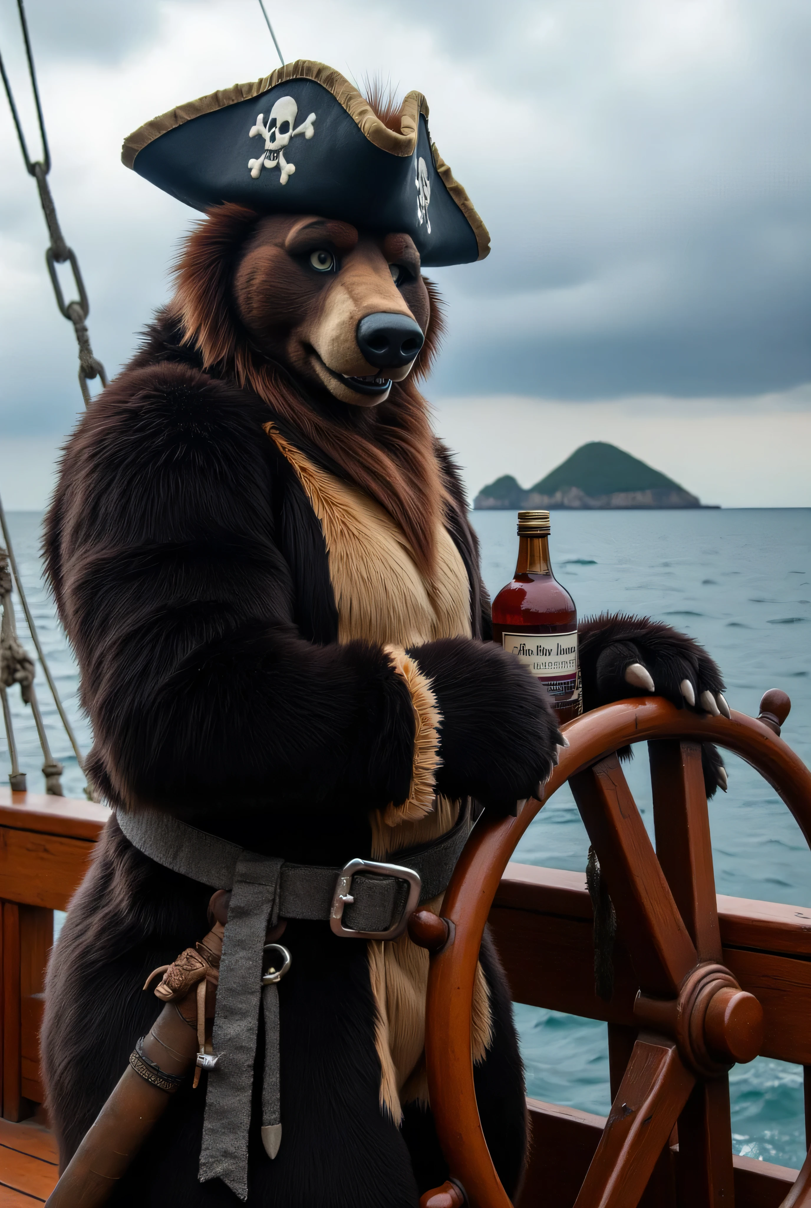 "Anthropomorphic bear male, muscular and adult, with dark brown fur and a wild, scruffy beard. He wears a pirate captain's outfit: a long, tattered coat, a tricorn hat adorned with feathers, a vest with gold trimmings, and heavy boots. A cutlass hangs from his side, and he holds a bottle of rum in one hand.  

Background: a pirate ship sailing across a turbulent ocean, with storm clouds above and a distant island on the horizon. The bear stands on the deck, gripping the wheel with one hand, gazing into the distance, as the ship battles the waves.  

Style: ultra-detailed 3D, cinematic realism, hyperrealistic rendering in Ultra HD 8K. The scene captures the rough sea, the movement of the ship, and the detailed textures of the pirate’s outfit, fur, and the environment."