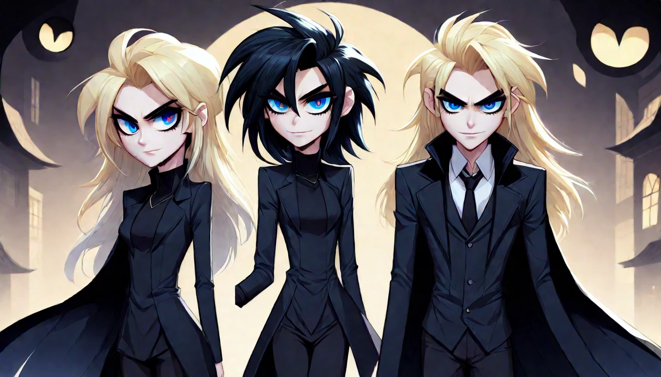 HazbinStyle, assymetric, a cartoon character1 boy, with black coat, Black eyes, Black eyes,exaggerated features,black hair, short hair, Black sclera, pale skin, Darknees background, Cartoon style, black pants,couple,1girl, blonde long hair, wearing Black dress, blue eyes,