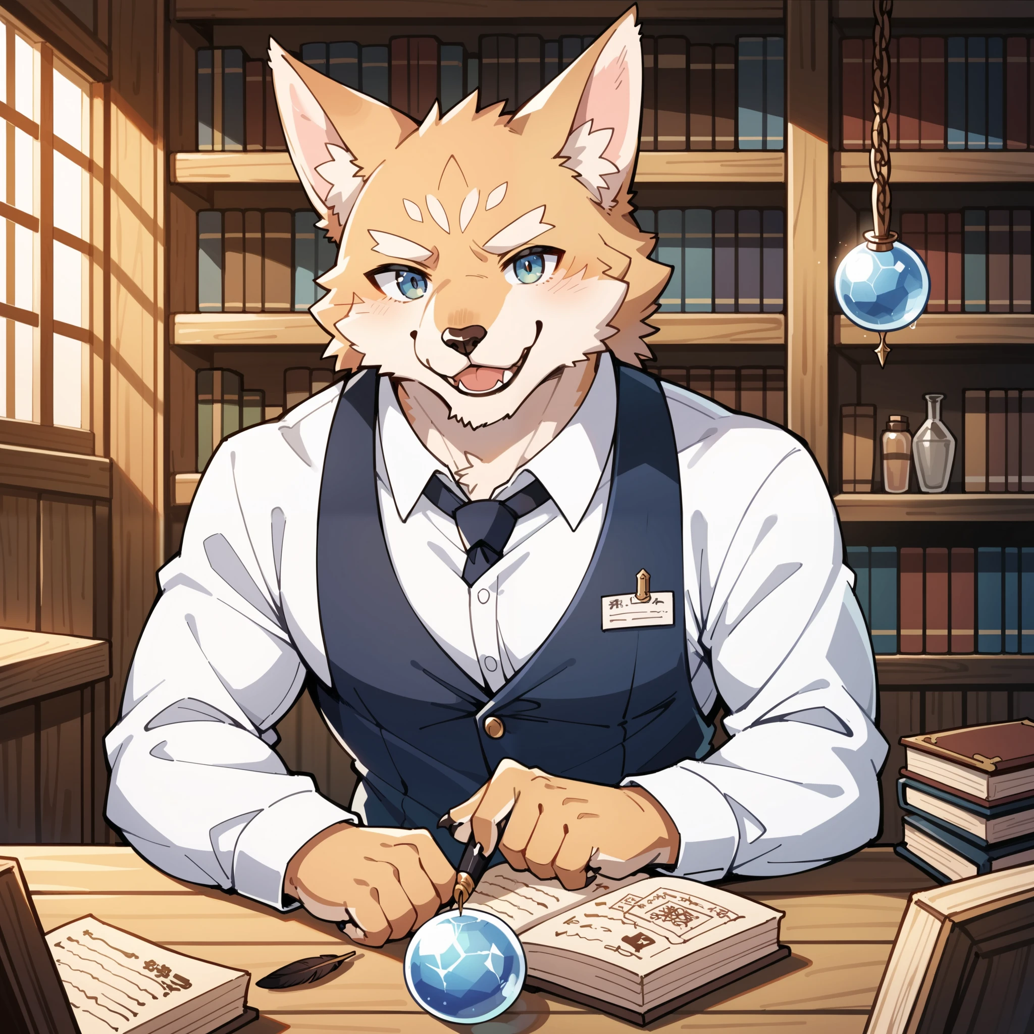 score_9, score_8_up, score_7_up, score_6_up, score_5_up, score_4_up, source_furry, hires, masterpiece(1boy, kemono, furry, anthro)guild receptionist, looking at viewer, wooden counter, quill pen, documents on counter, professional attire, business smile, fantasy interior, wooden shelves, potions on shelves, magic items, crystal ball, books on shelves, medieval fantasy setting, guild hall, detailed background, indoors,