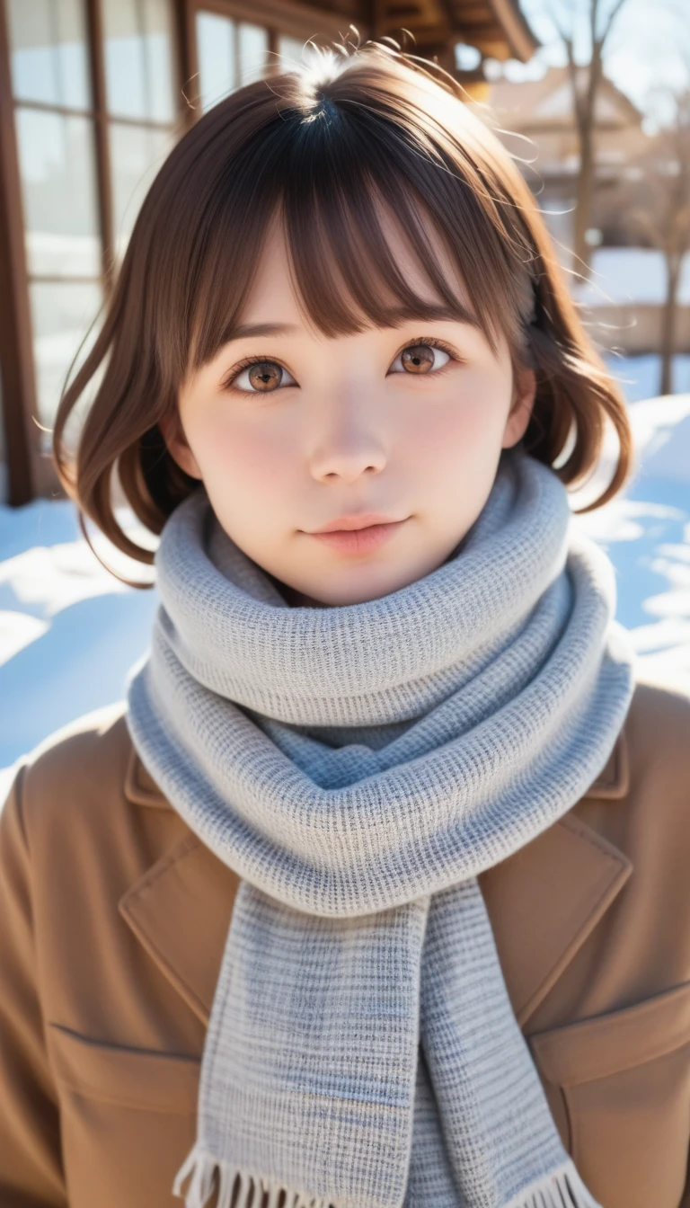 (( no makeup、 close your mouth:1.2))、( realistic 、 Photorealistic 、 ultra-detailed、Best detailed skin、 top quality、​masterpiece、 Ultra A High Resolution)、 cute Russian woman 、s、 High School Girls 、、 One girl 、Has bangs、Brown Hair 1.7、 double eyelids 、 brown eyes、Japanese style face 、purity、shut her mouth 、 realistic な肌のタイプ、thick knitted scarf 、 gray knitted scarf、 fluffy hair 、(( the hair is inside the scarf :1.3))、 red cheeks 、 the wind is blowing、 snow is falling 、night、Illuminations、Lighting from behind