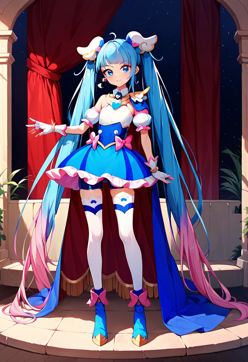 (((full body))), 1 girl, curesky，hair ornament, earrings, brooch, multicolored clothes, puffy detached sleeves, bare shoulders, cape, blue skirt, pink bow, white fingerless gloves, white thighhighs, zettai ryouiki, blue footwear, blue eyes, symbol in eyes, multicolored hair, blue hair, pink hair, twintails, very long hair, flat chest, blue latex shorts， twin tails， leotards，Elbow Handbags，Thigh-high socks， boots， top quality, masterpiece,