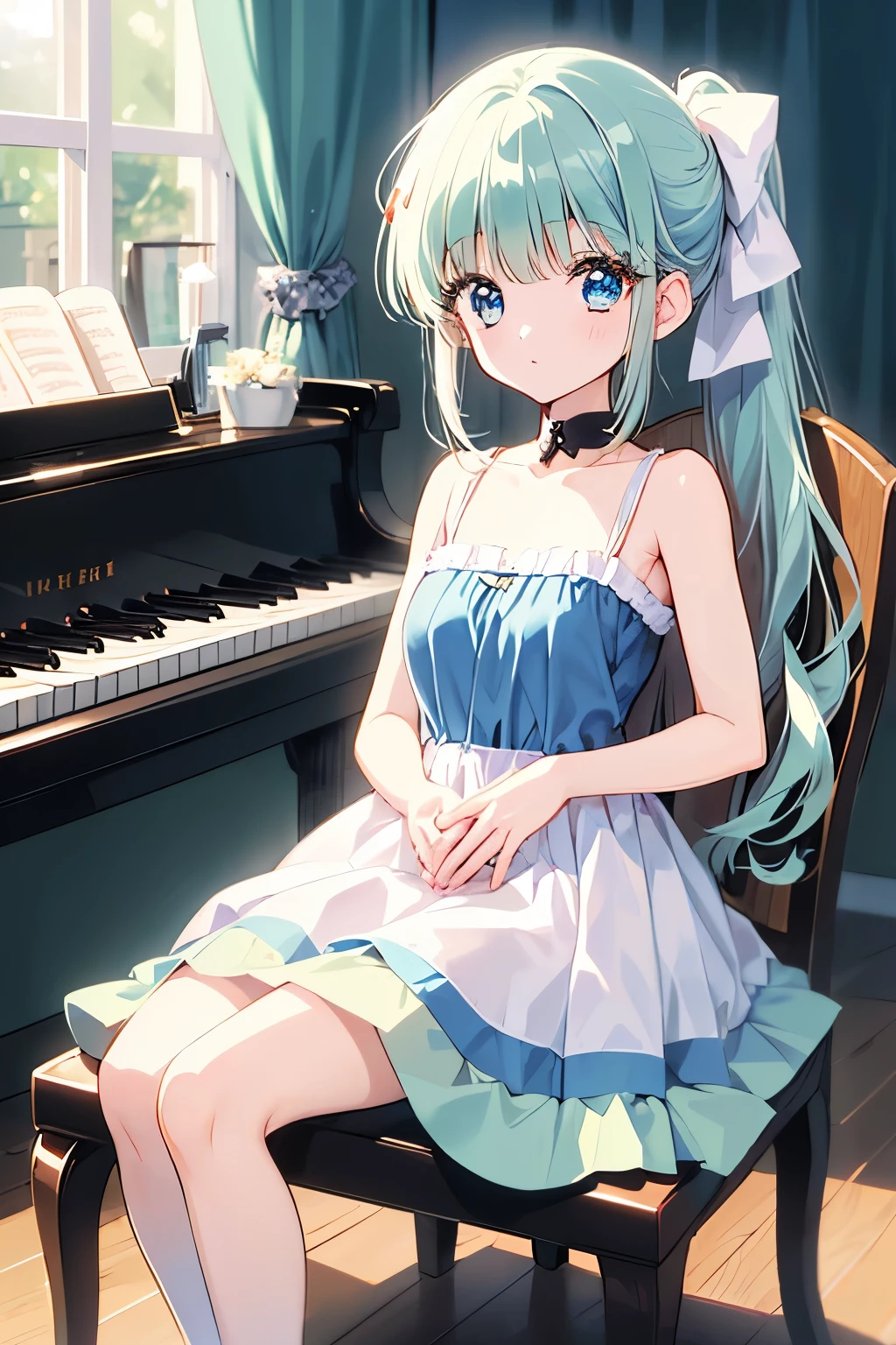 warm room A room decorated with many flowers A girl playing a grand piano by the window light blue long hair、twin tails、adorable smile、looking at the camera、cute dress
