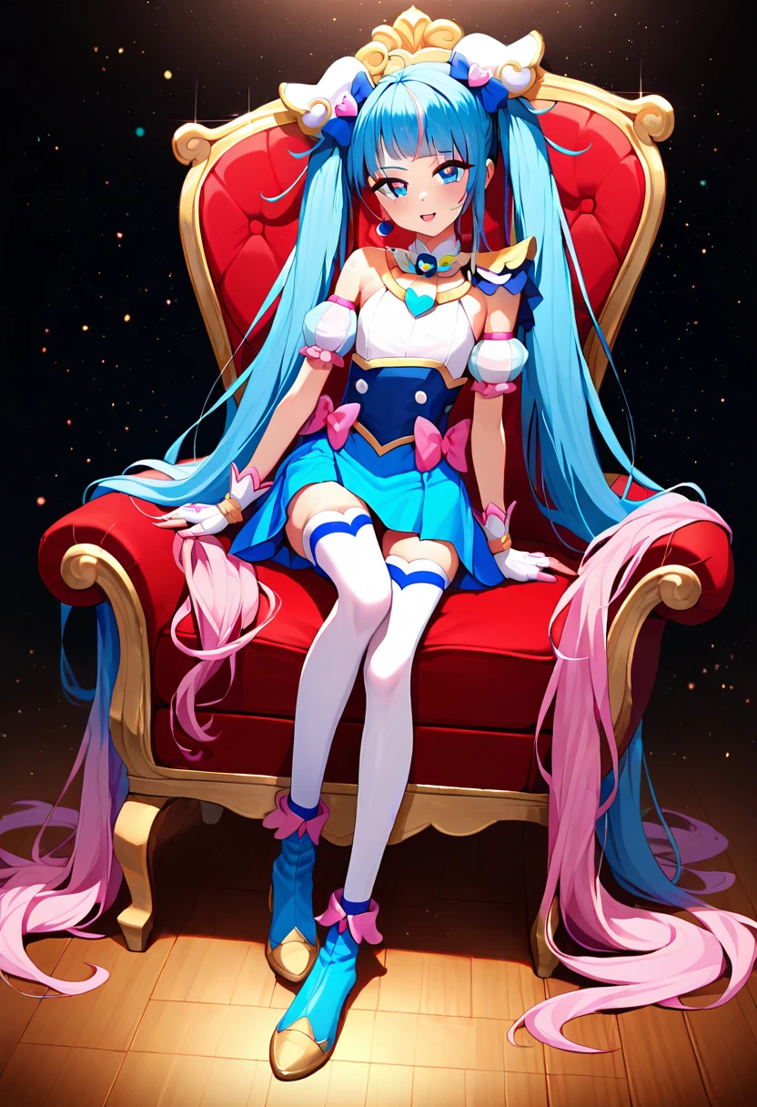 (((full body))), 1 girl, curesky，hair ornament, earrings, brooch, multicolored clothes, puffy detached sleeves, bare shoulders, cape, blue skirt, pink bow, white fingerless gloves, white thighhighs, zettai ryouiki, blue footwear, blue eyes, symbol in eyes, multicolored hair, blue hair, pink hair, twintails, very long hair, flat chest, blue latex shorts， twin tails， top quality, masterpiece,score_9, score_8_up, score_7_up, score_6_up, score_5_up, score_4_up,  source_Anime,  watching the audience, Particles of light, shut up, indoor, , bangs, ,  tilt your neck , Black Rose , Beautiful and delicate eyes,  1 girl, Alone, super detailed, Long Hit,  beautiful background,, .( perfect hand,  perfect leg，perfect feet，  perfect anatomy), ，M type， transparent ， long legs ，Low Cut，Release your shoulders， Touching the genitals，Correct posture，Right leg shape  ，  Correct Body Ratio  ，Correct thighs，Suitable shoes，Luxurious chair， play,  heart shaped eyes ,  orgasm , Butt,sweat,(urination)，  climax ， due to cramps  ，  chain list string 