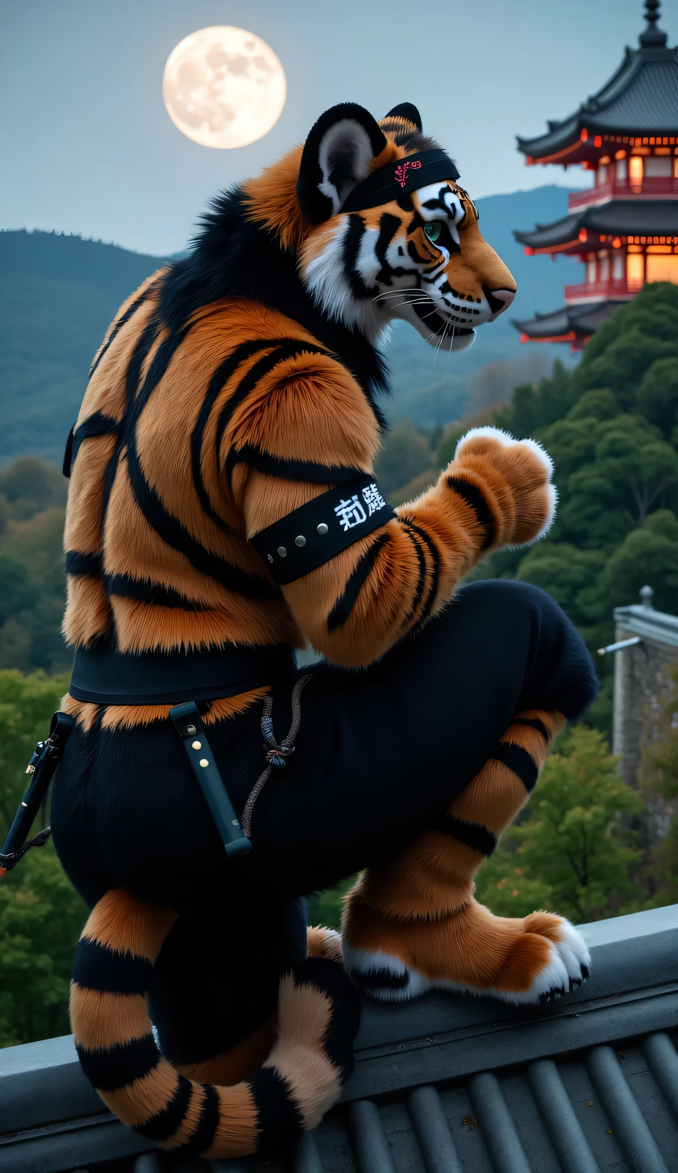 "Anthropomorphic tiger male, muscular and adult, with orange and black fur and striking green eyes. He wears a traditional ninja outfit: a black hakama, a headband with a red insignia, and sleek arm and leg guards. He is equipped with shurikens, a katana, and a ninja-to, tucked at his side. His fur is sleek, and his movements are fluid and stealthy, embodying the perfect assassin.  

Background: a moonlit Japanese temple surrounded by dense trees, with a hint of mist hanging in the air. The tiger crouches on a rooftop, surveying the area below, preparing to move in silence.  

Style: ultra-detailed 3D, cinematic realism, hyperrealistic rendering in Ultra HD 8K. The scene captures the mysterious and stealthy atmosphere of a ninja in action, with intricate details on the character’s clothing, weapons, and the serene yet tense environment."